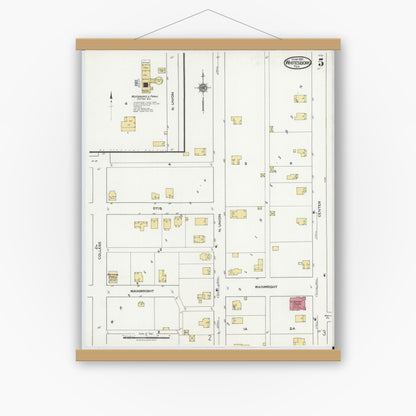 Old map wall art mockup — magnetic wood frame on white wall — Sanborn Fire Insurance Map from Whitesboro, Grayson County, Texas (1921), Sheet #0005