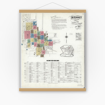 Old map wall art mockup — magnetic wood frame on white wall — Sanborn Fire Insurance Map from McKinney, Collin County, Texas (1920) - Complete Map Set