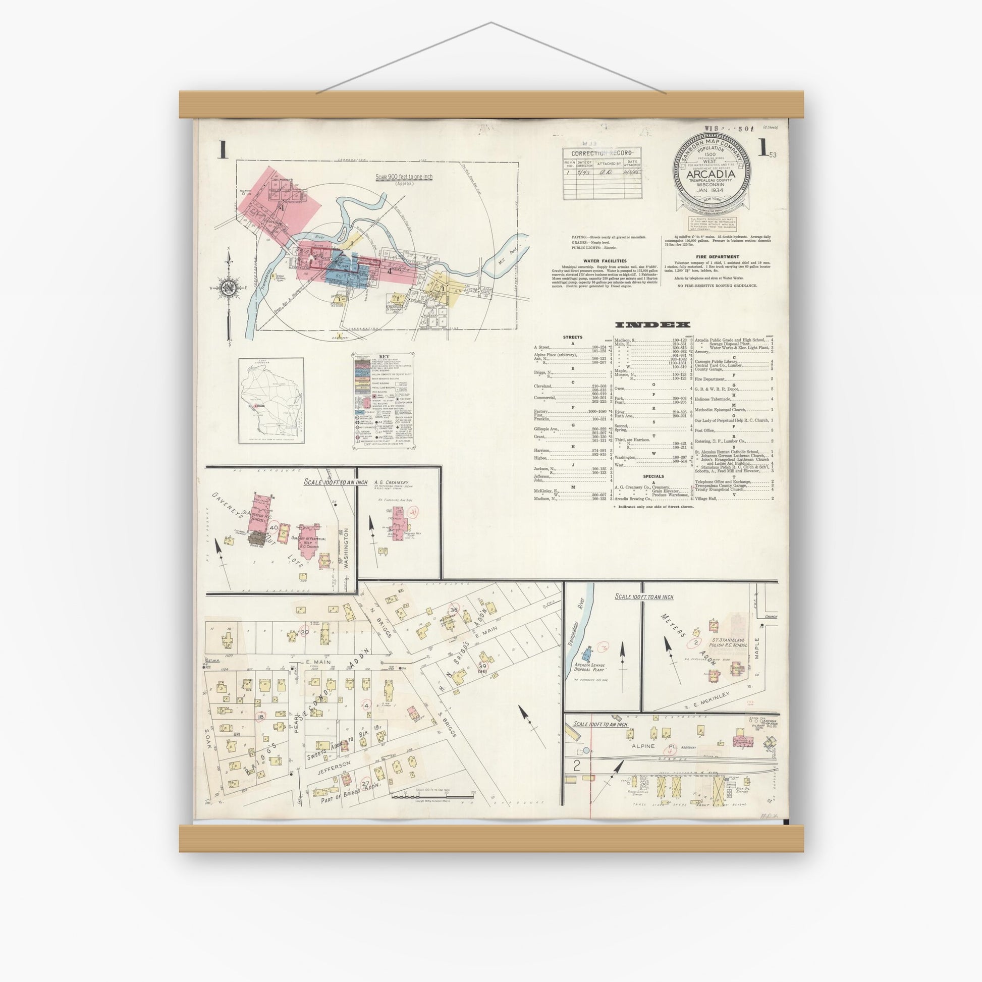 Old map wall art mockup — magnetic wood frame on white wall — Sanborn Fire Insurance Map from Arcadia, Trempealeau County, Wisconsin (1943) - Complete Map Set