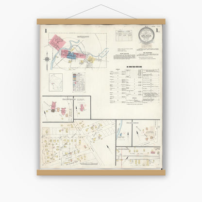 Old map wall art mockup — magnetic wood frame on white wall — Sanborn Fire Insurance Map from Arcadia, Trempealeau County, Wisconsin (1943) - Complete Map Set