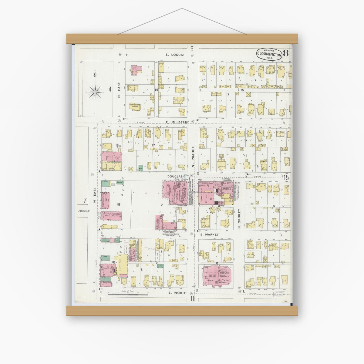 Old map wall art mockup — magnetic wood frame on white wall — Sanborn Fire Insurance Map from Bloomington, McLean County, Illinois (1896), Sheet #0008