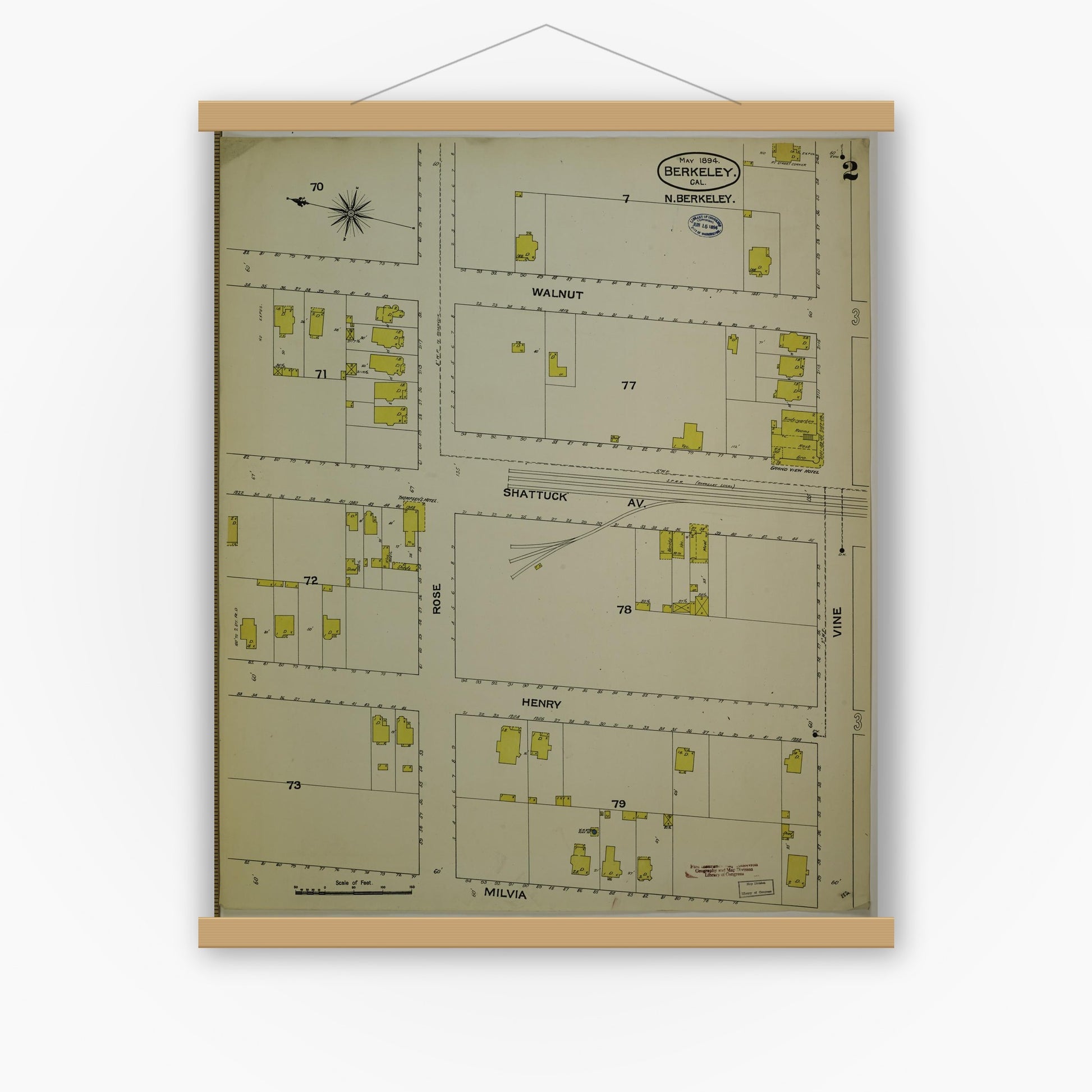 Old map wall art mockup — magnetic wood frame on white wall — Sanborn Fire Insurance Map from Berkeley, Alameda County, California (1894), Sheet #0002