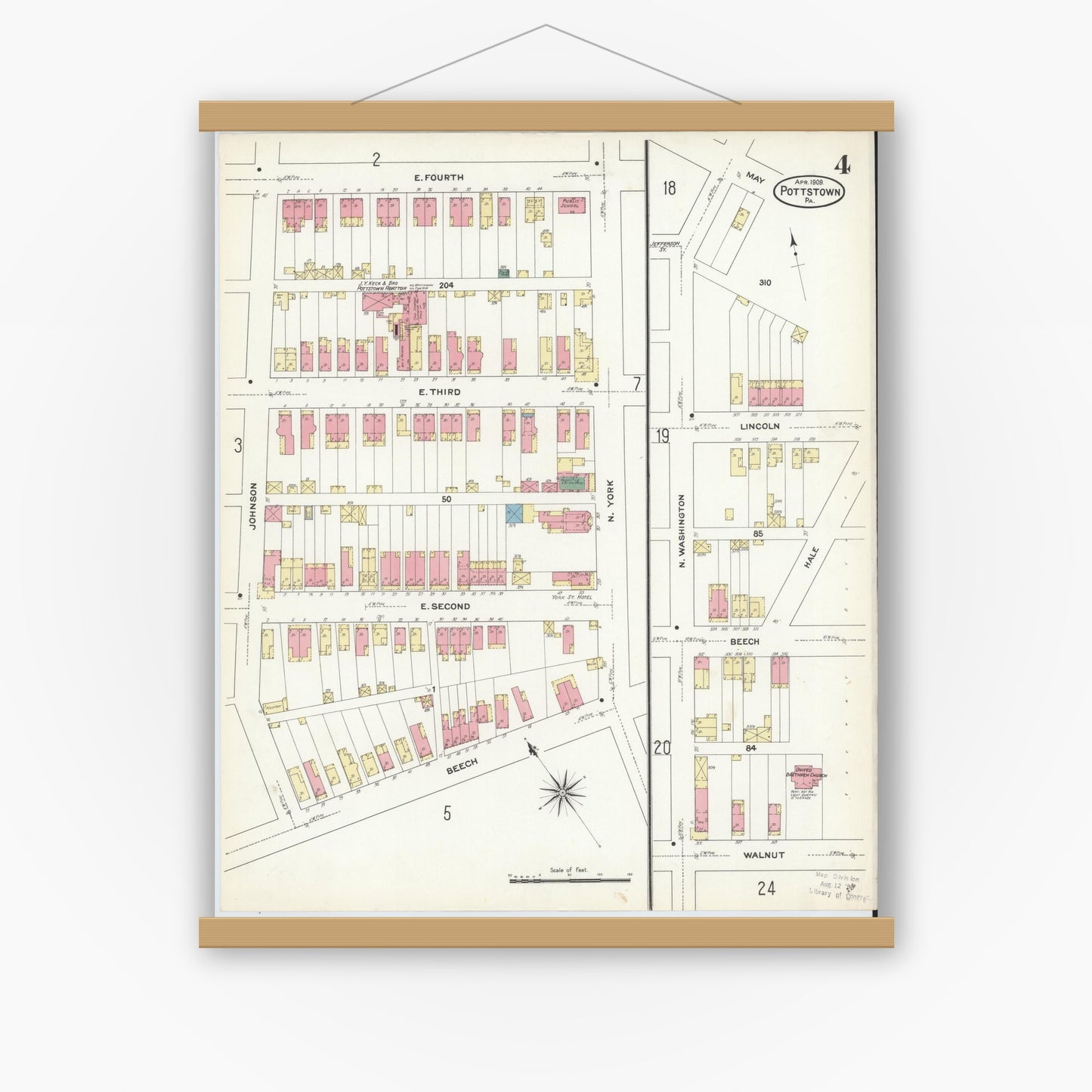 Old map wall art mockup — magnetic wood frame on white wall — Sanborn Fire Insurance Map from Pottstown, Montgomery County, Pennsylvania (1909), Sheet #0004
