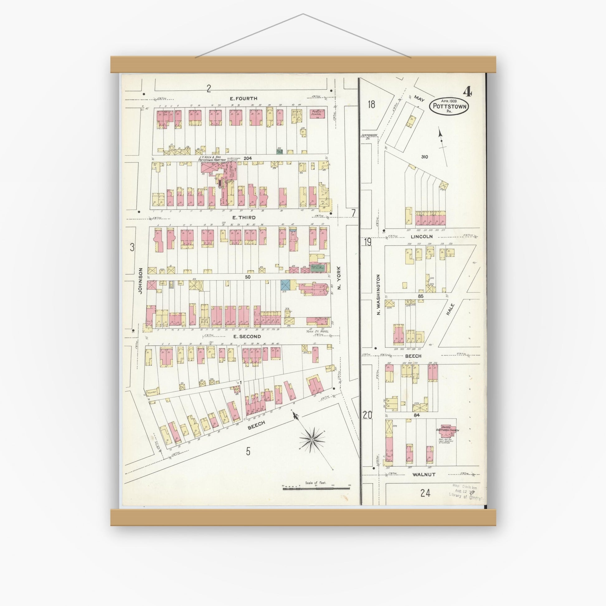 Old map wall art mockup — magnetic wood frame on white wall — Sanborn Fire Insurance Map from Pottstown, Montgomery County, Pennsylvania (1909), Sheet #0004