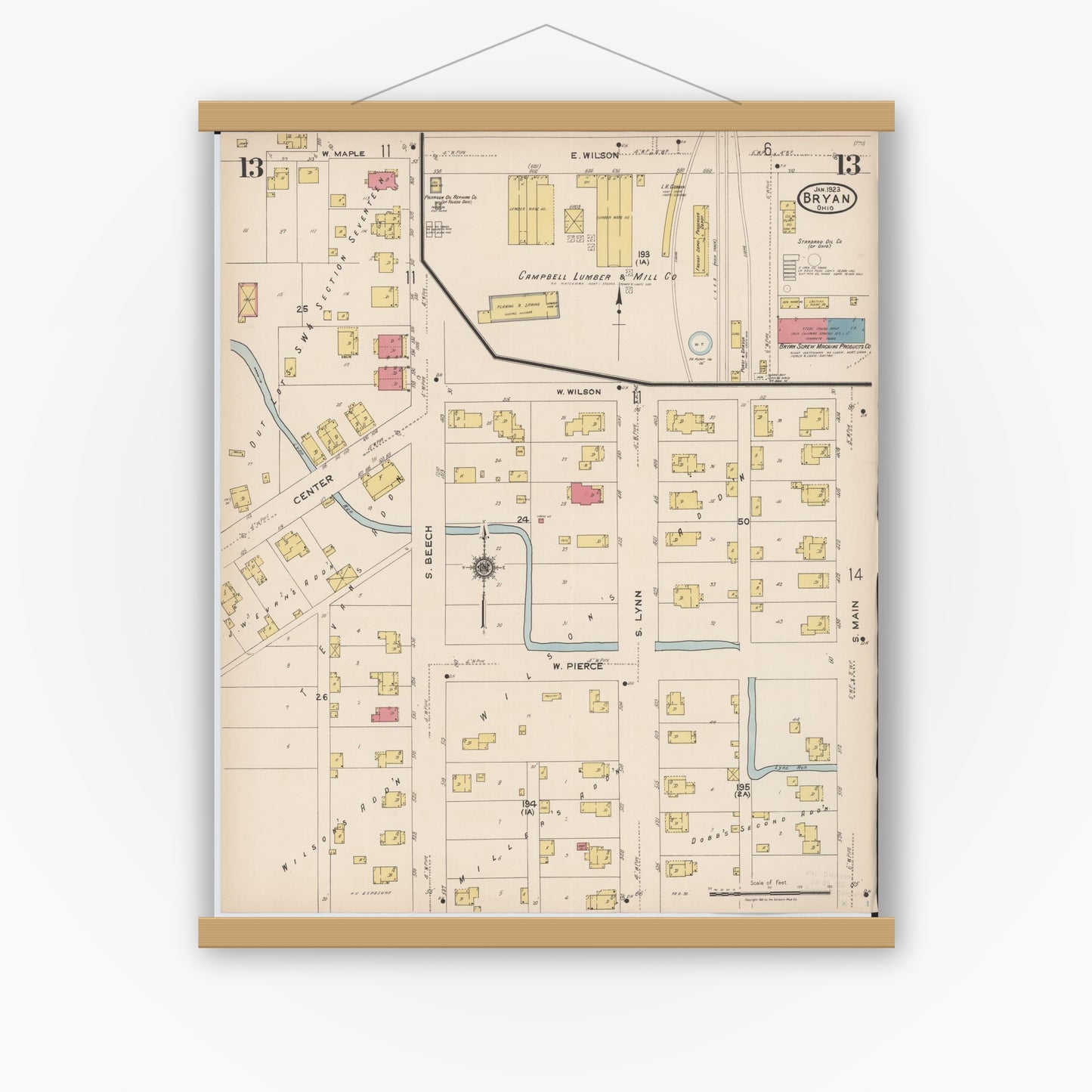 Old map wall art mockup — magnetic wood frame on white wall — Sanborn Fire Insurance Map from Bryan, Williams County, Ohio (1923), Sheet #0013