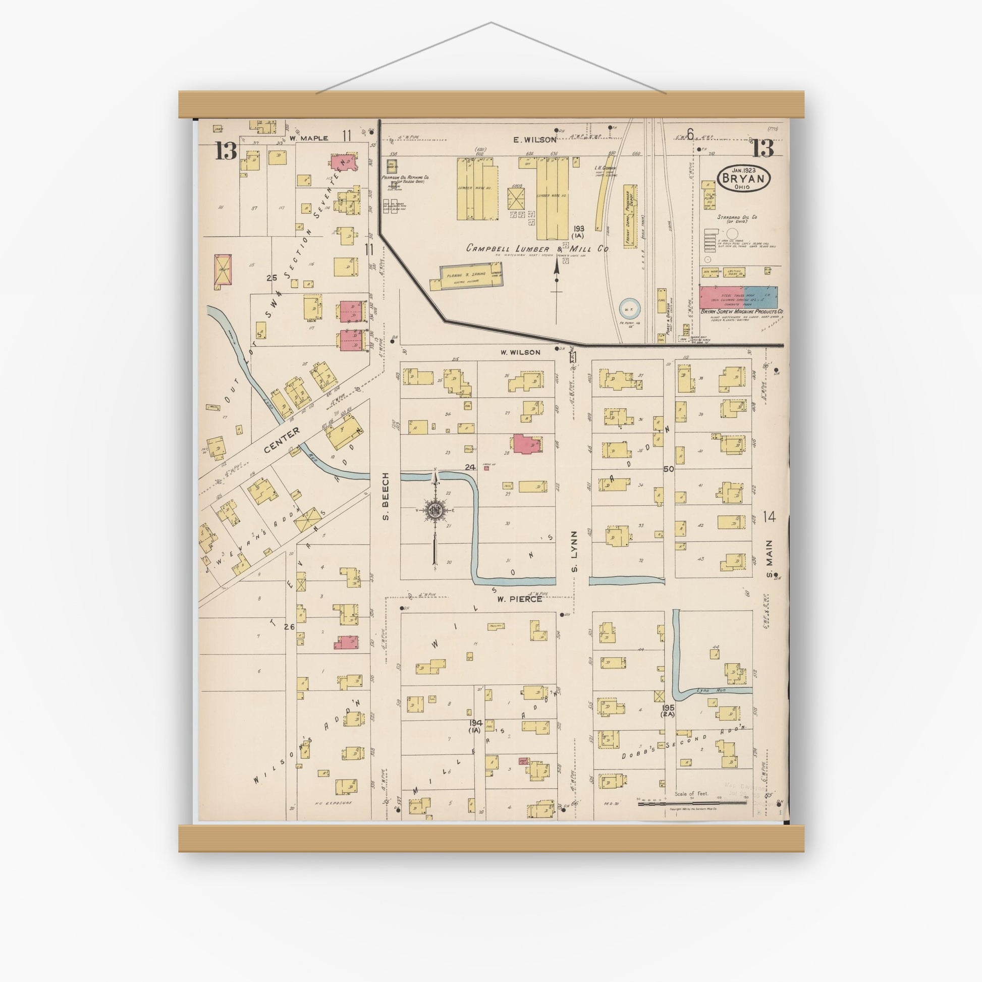 Old map wall art mockup — magnetic wood frame on white wall — Sanborn Fire Insurance Map from Bryan, Williams County, Ohio (1923), Sheet #0013