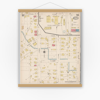 Old map wall art mockup — magnetic wood frame on white wall — Sanborn Fire Insurance Map from Bryan, Williams County, Ohio (1923), Sheet #0013