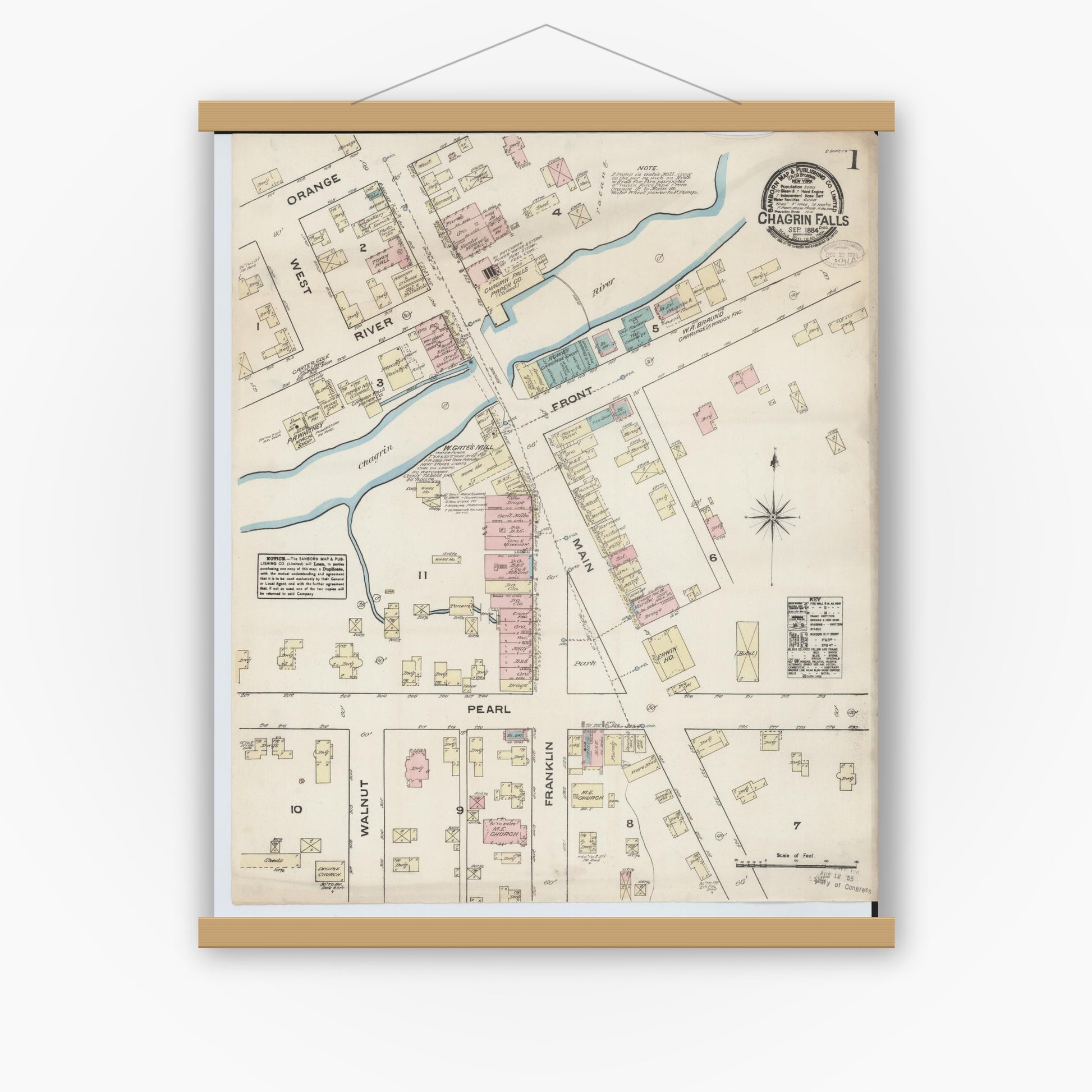 Old map wall art mockup — magnetic wood frame on white wall — Sanborn Fire Insurance Map from Chagrin Falls, Cuyahoga County, Ohio (1884), Sheet #0001