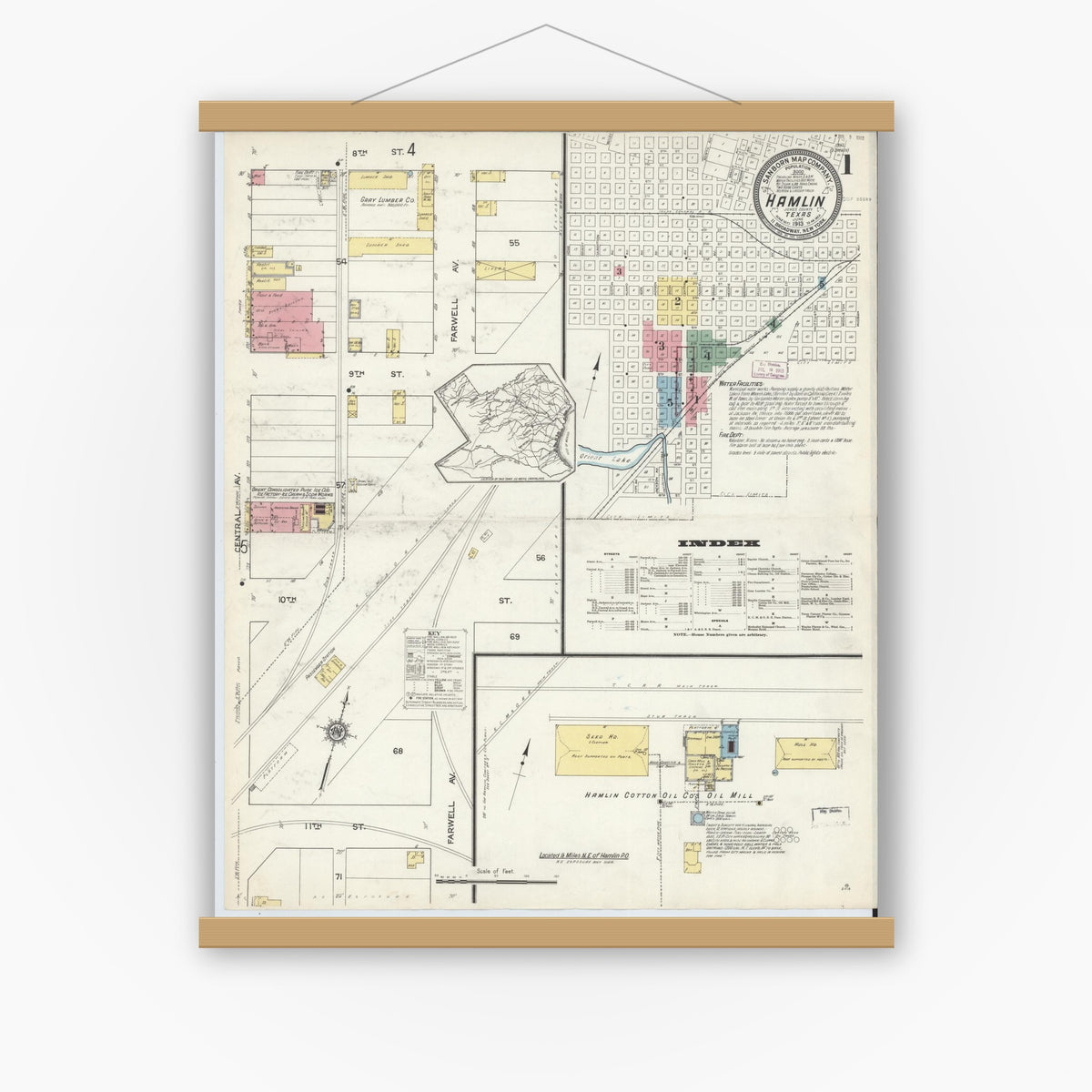 Old map wall art mockup — magnetic wood frame on white wall — Sanborn Fire Insurance Map from Hamlin, Jones County, Texas (1913) - Complete Map Set