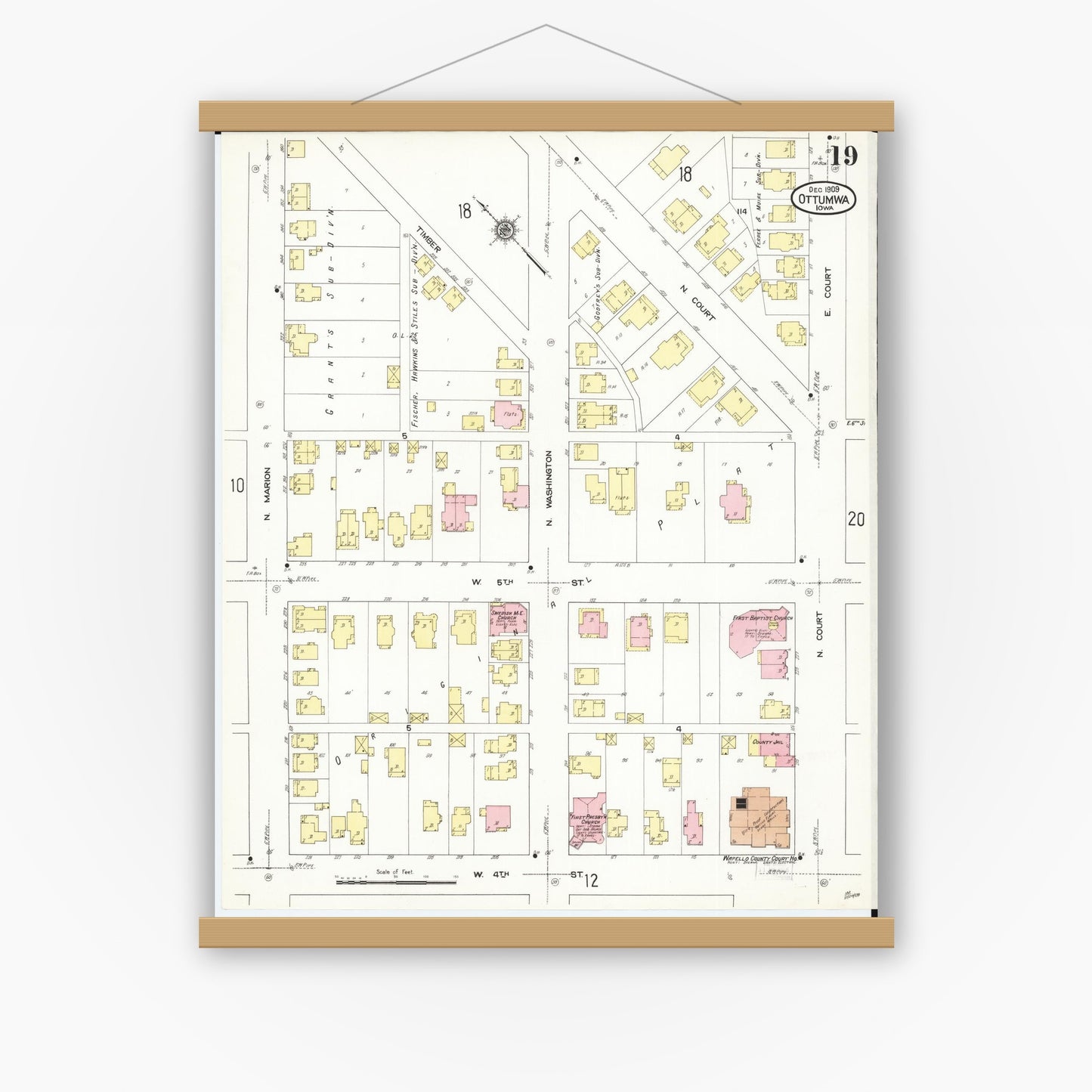 Old map wall art mockup — magnetic wood frame on white wall — Sanborn Fire Insurance Map from Ottumwa, Wapello County, Iowa (1909), Sheet #0019