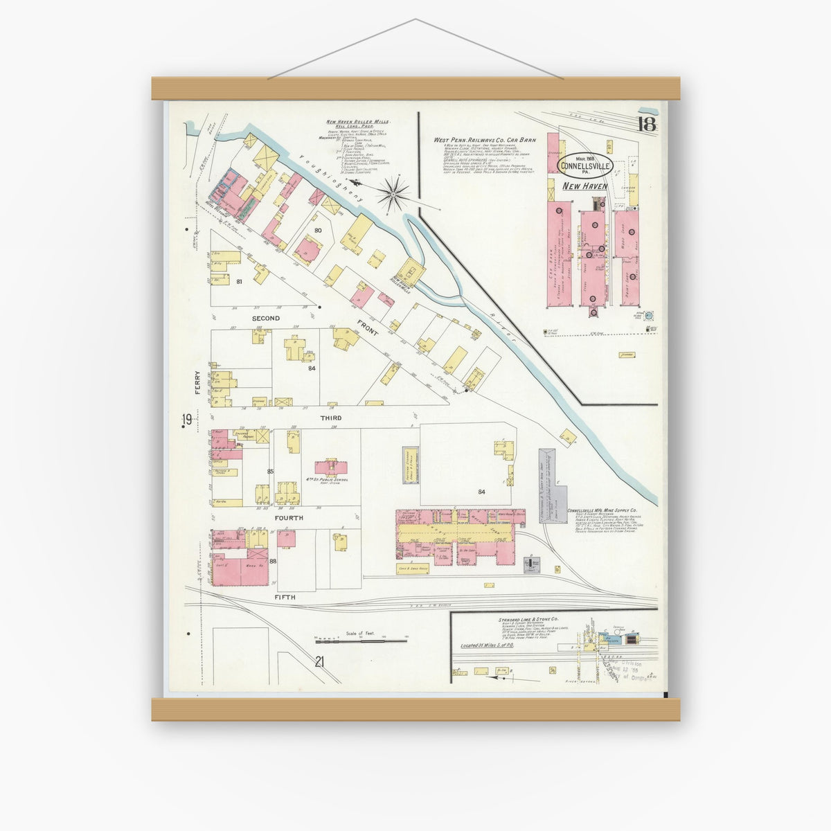 Old map wall art mockup — magnetic wood frame on white wall — Sanborn Fire Insurance Map from Connellsville, Fayette County, Pennsylvania (1908), Sheet #0018