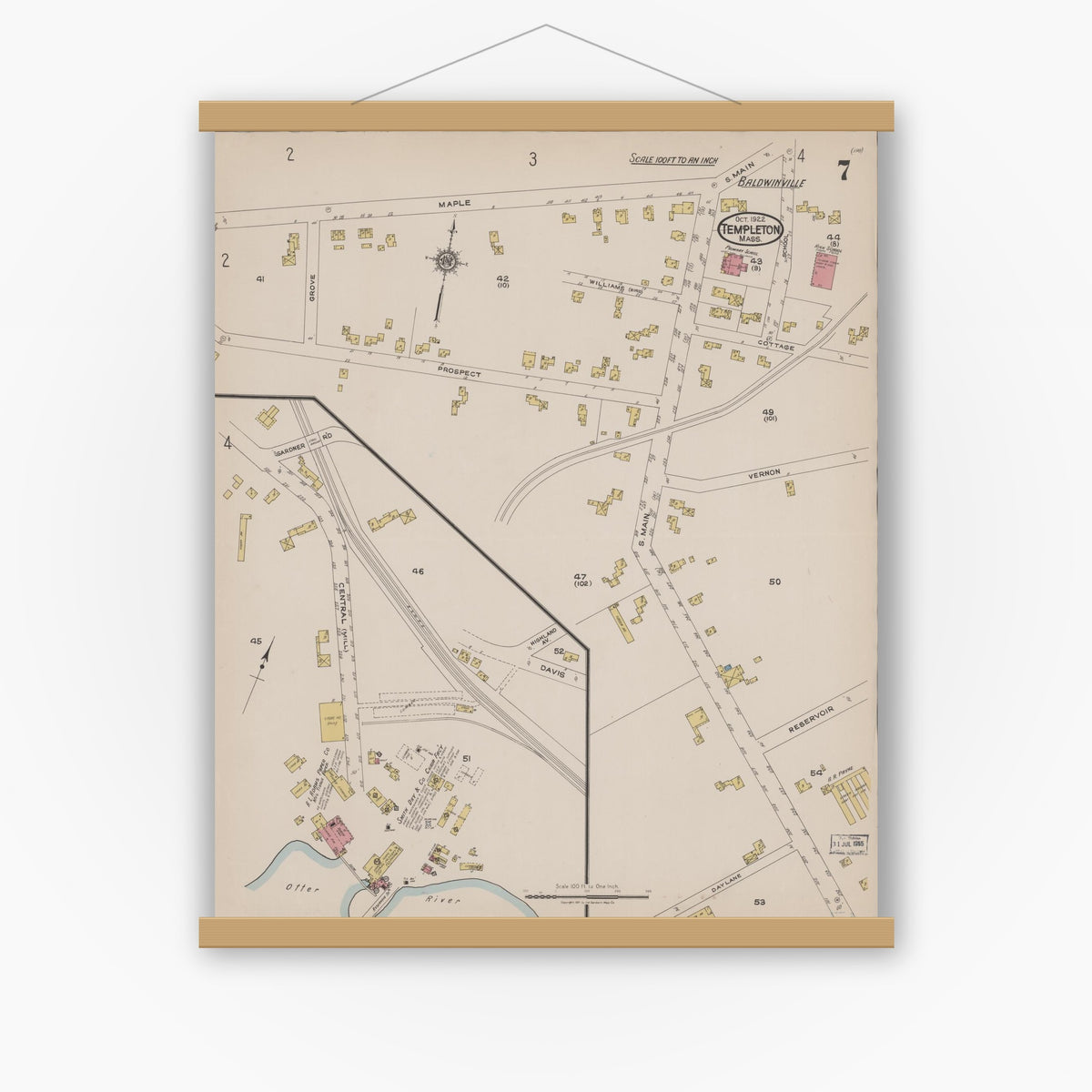 Old map wall art mockup — magnetic wood frame on white wall — Sanborn Fire Insurance Map from Templeton, Worcester County, Massachusetts (1922), Sheet #0007