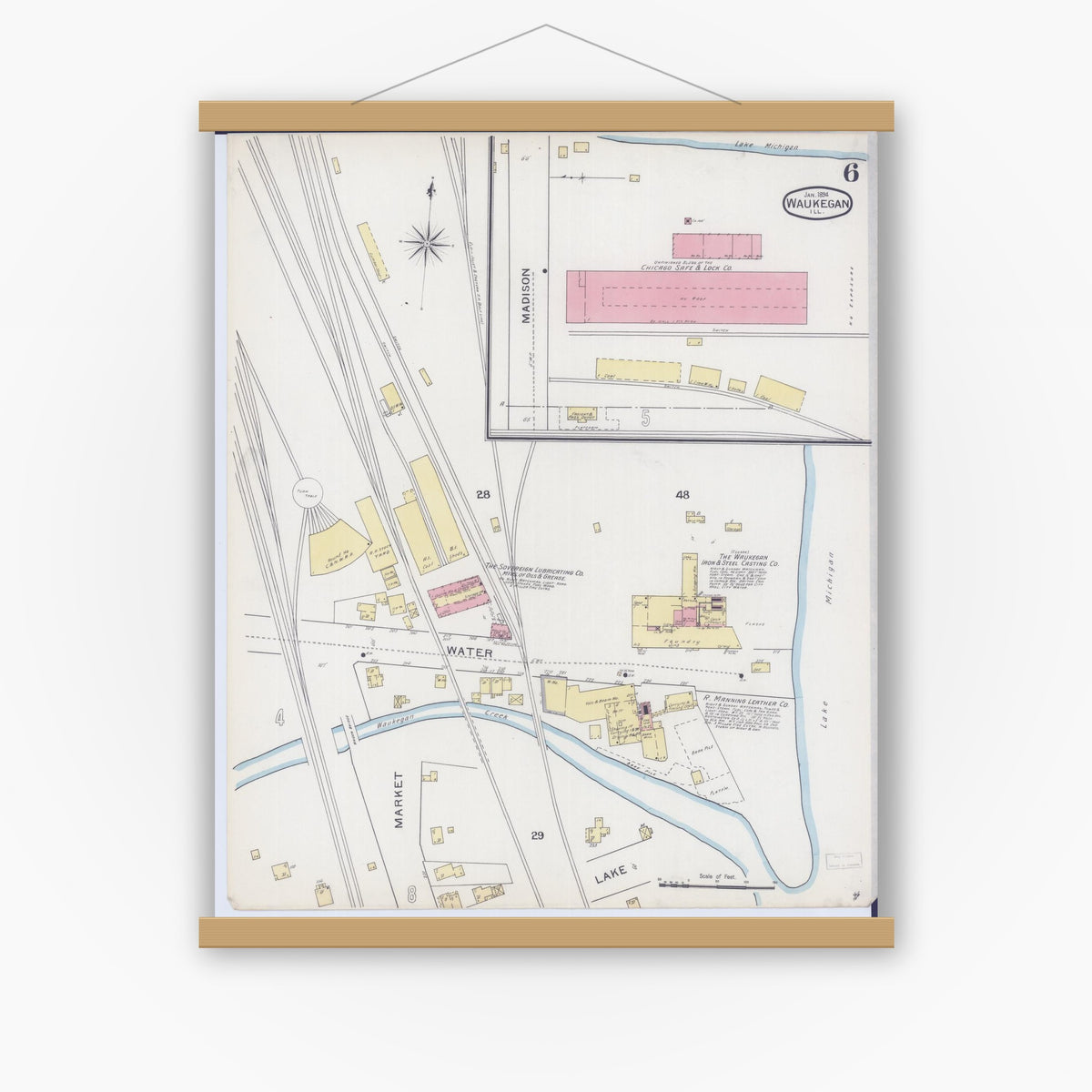 Old map wall art mockup — magnetic wood frame on white wall — Sanborn Fire Insurance Map from Waukegan, Lake County, Illinois (1894), Sheet #0006