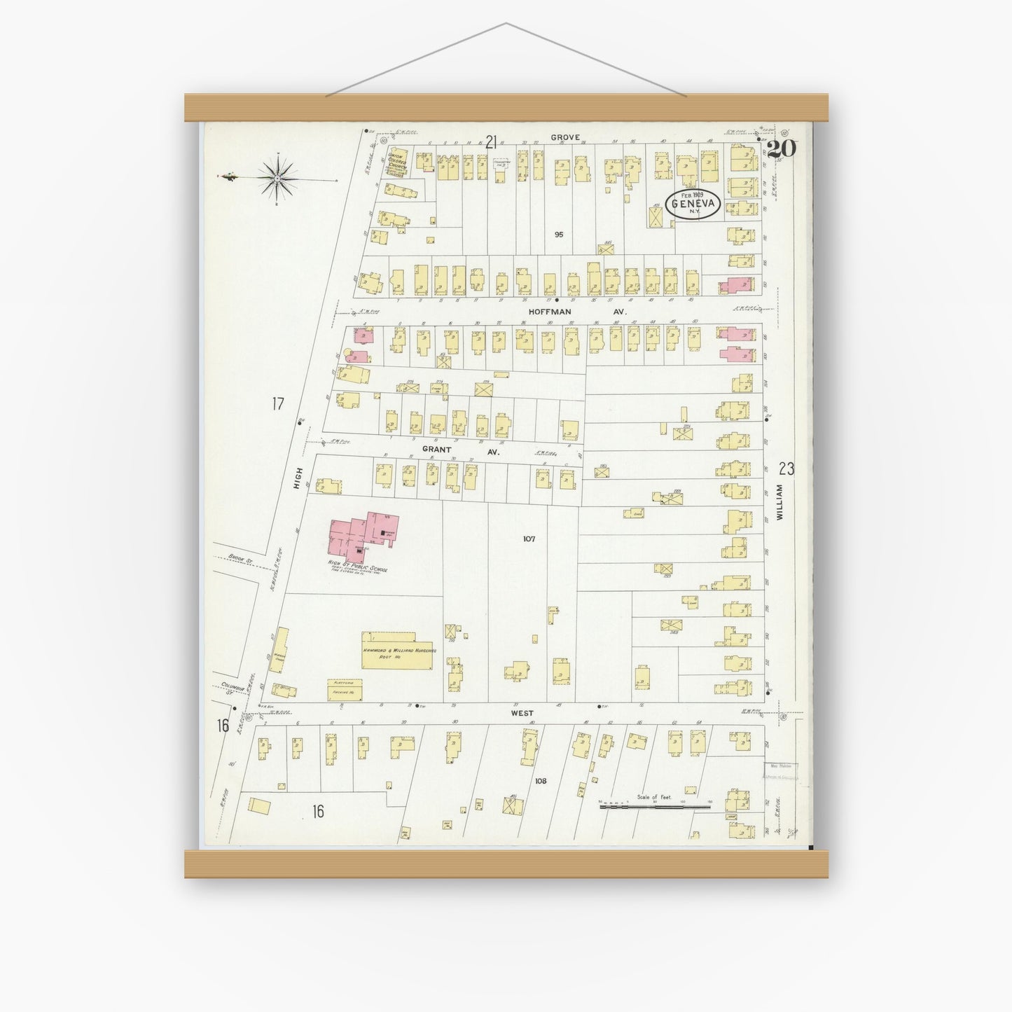 Old map wall art mockup — magnetic wood frame on white wall — Sanborn Fire Insurance Map from Geneva, Ontario County, New York (1909), Sheet #0020