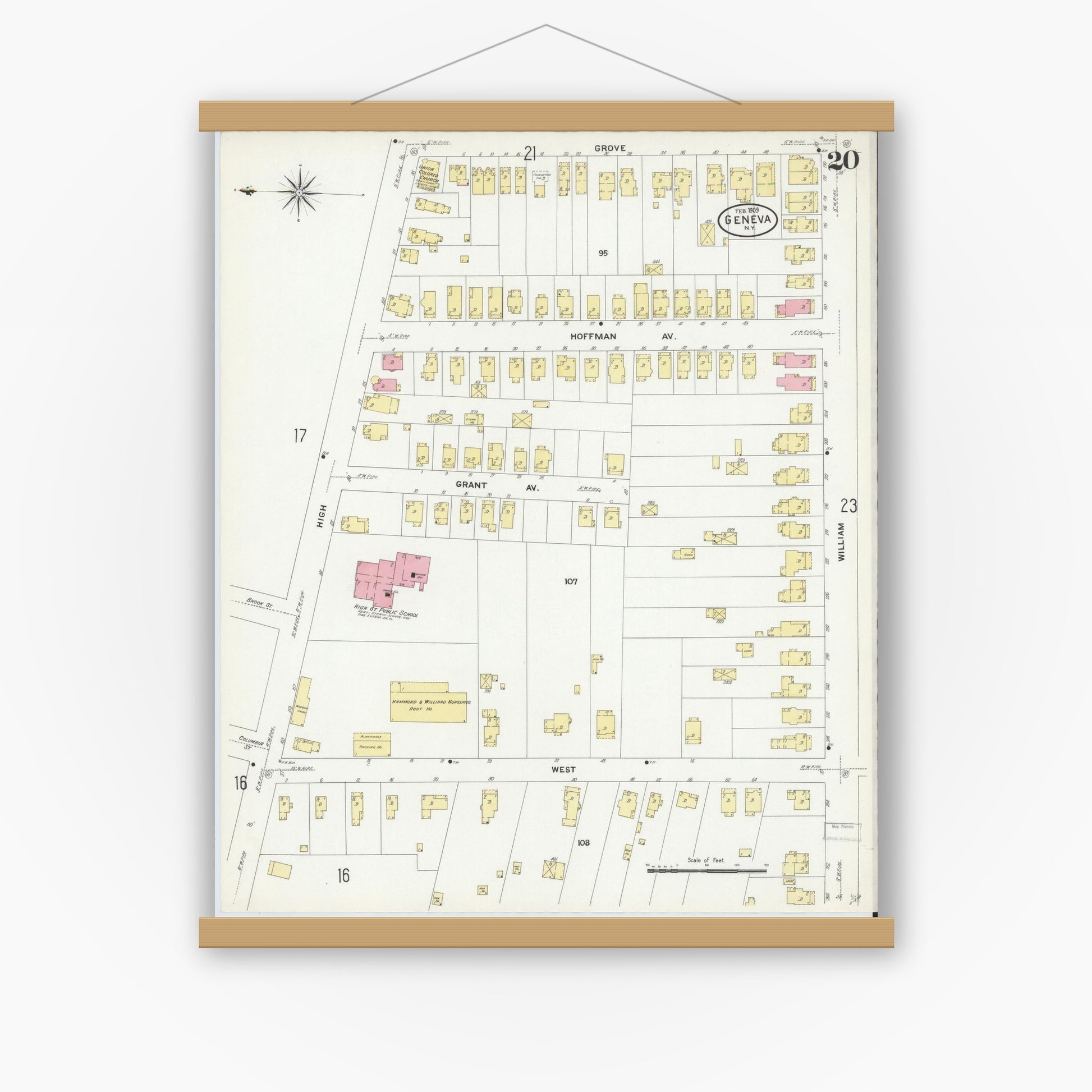 Old map wall art mockup — magnetic wood frame on white wall — Sanborn Fire Insurance Map from Geneva, Ontario County, New York (1909), Sheet #0020