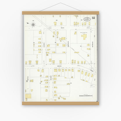 Old map wall art mockup — magnetic wood frame on white wall — Sanborn Fire Insurance Map from Kane, McKean County, Pennsylvania (1909), Sheet #0012