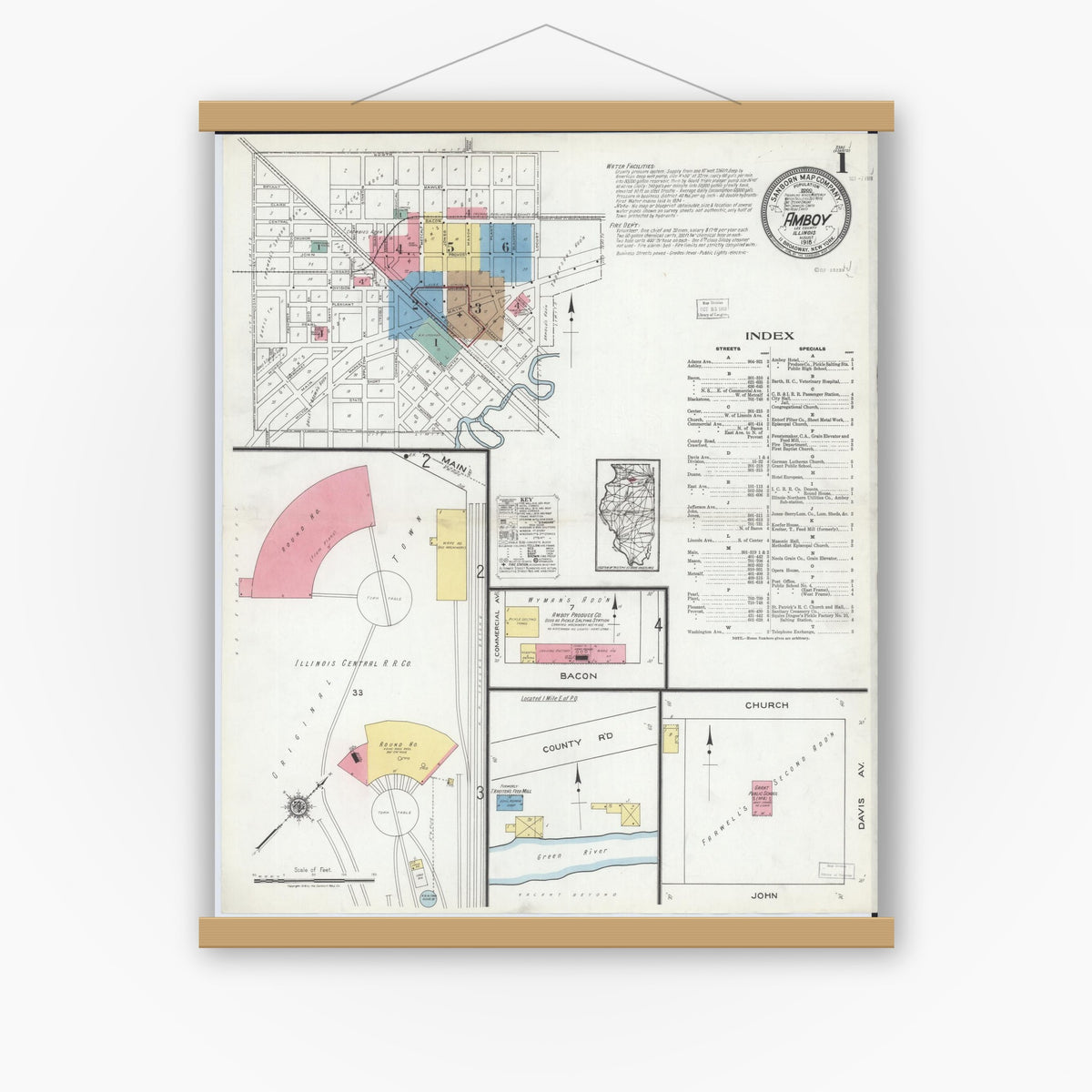 Old map wall art mockup — magnetic wood frame on white wall — Sanborn Fire Insurance Map from Amboy, Lee County, Illinois (1918) - Complete Map Set