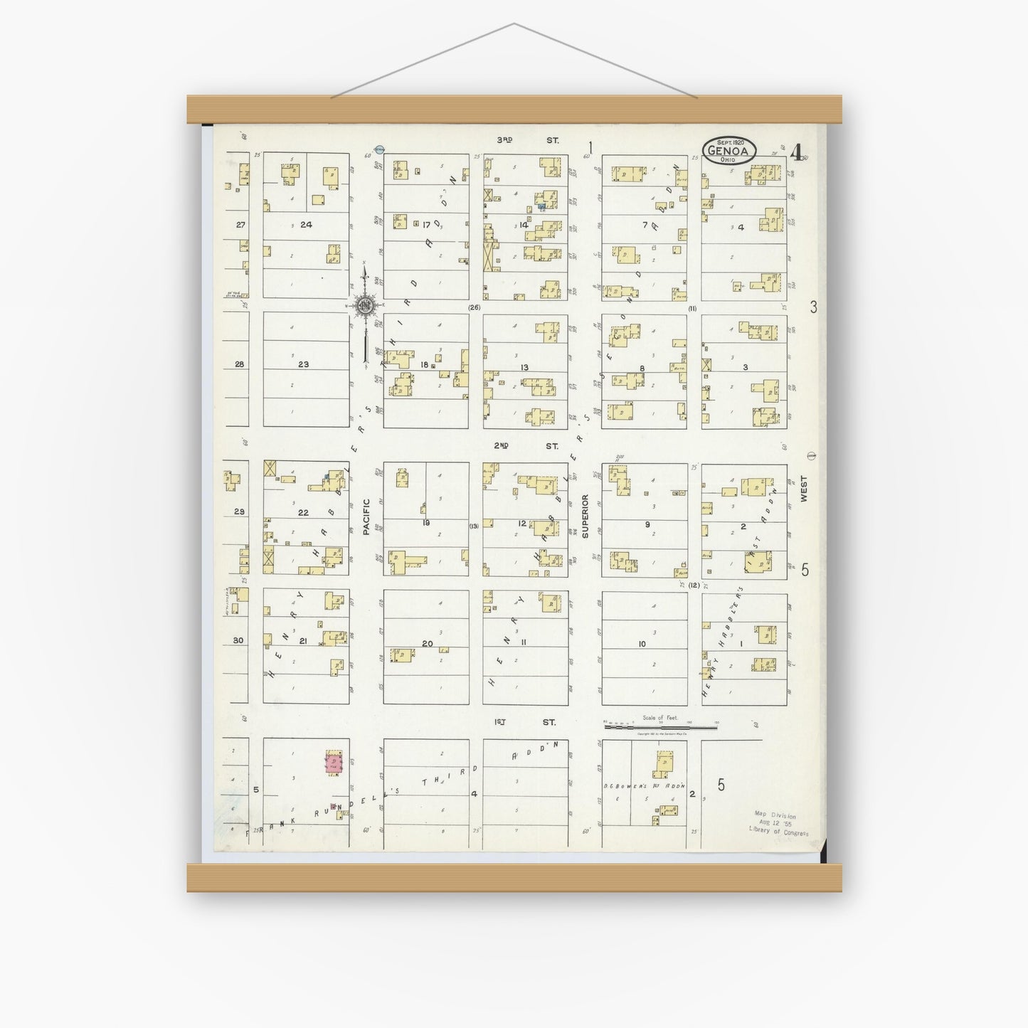 Old map wall art mockup — magnetic wood frame on white wall — Sanborn Fire Insurance Map from Genoa, Ottawa County, Ohio (1920), Sheet #0004
