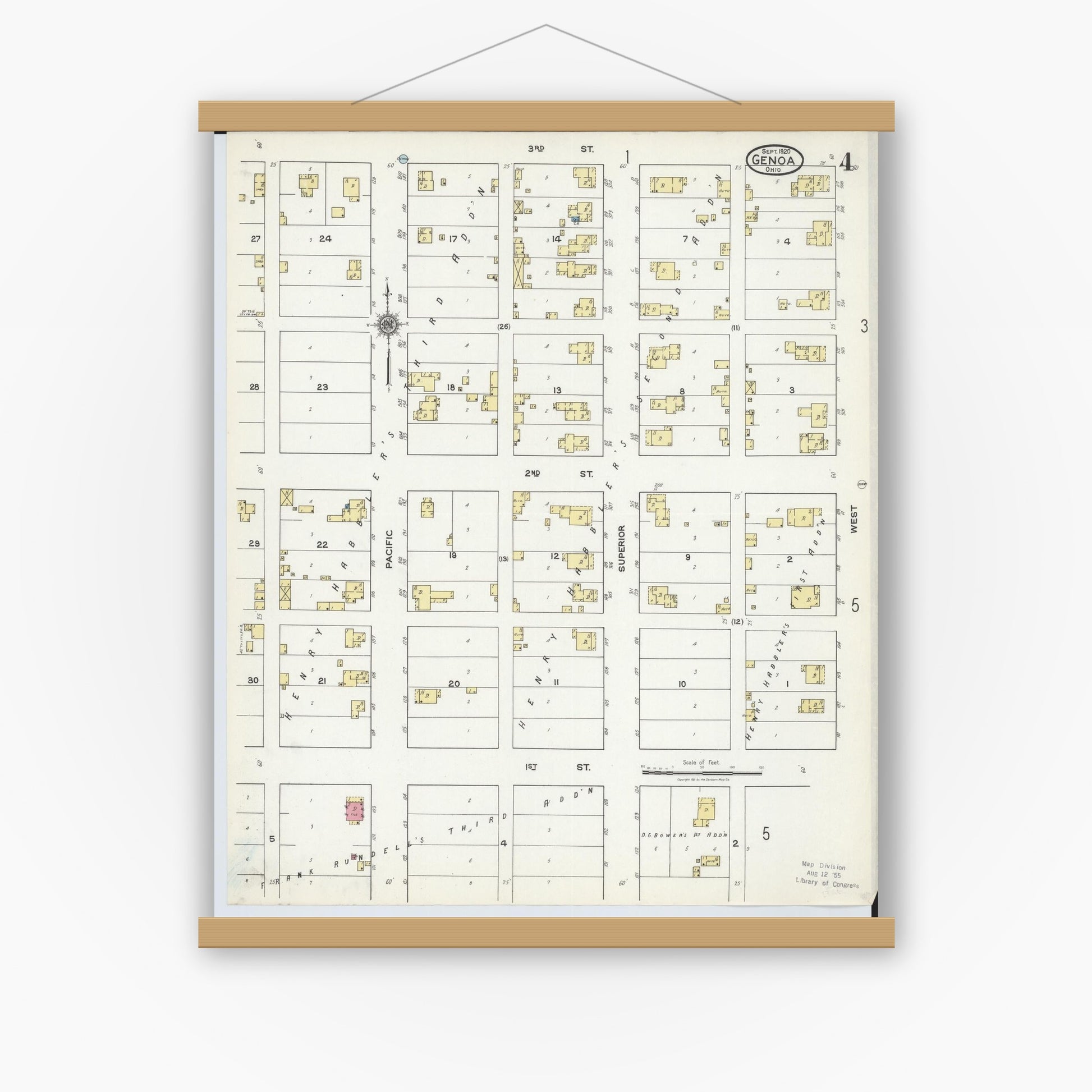 Old map wall art mockup — magnetic wood frame on white wall — Sanborn Fire Insurance Map from Genoa, Ottawa County, Ohio (1920), Sheet #0004