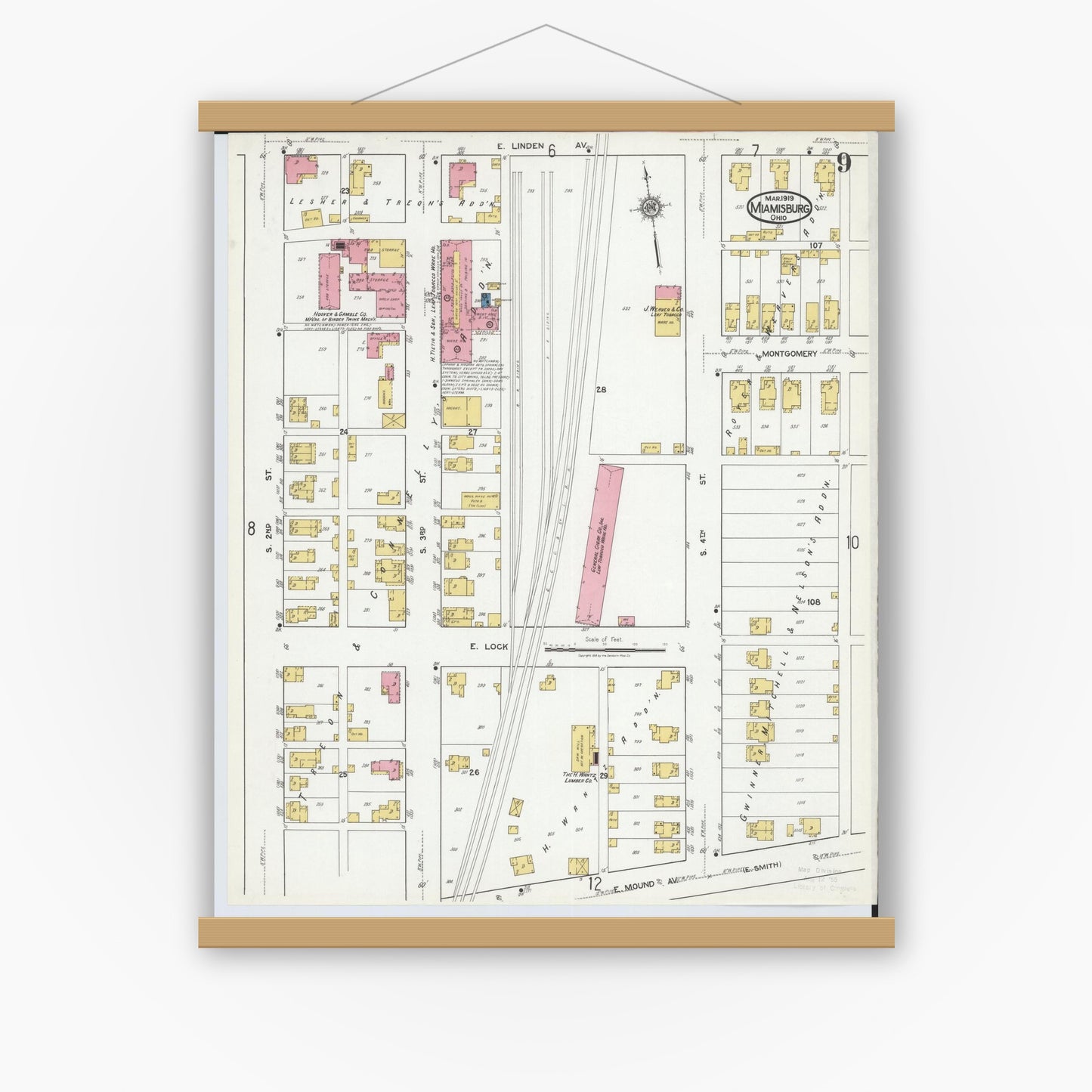 Old map wall art mockup — magnetic wood frame on white wall — Sanborn Fire Insurance Map from Miamisburg, Montgomery County, Ohio (1919), Sheet #0009