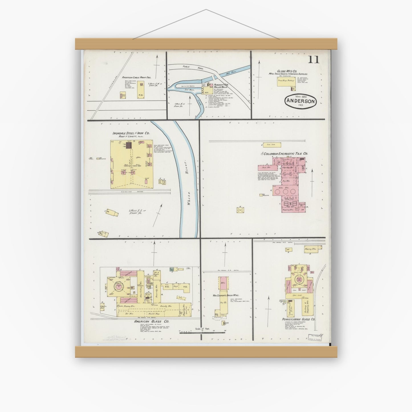 Old map wall art mockup — magnetic wood frame on white wall — Sanborn Fire Insurance Map from Anderson, Madison County, Indiana (1890), Sheet #0011