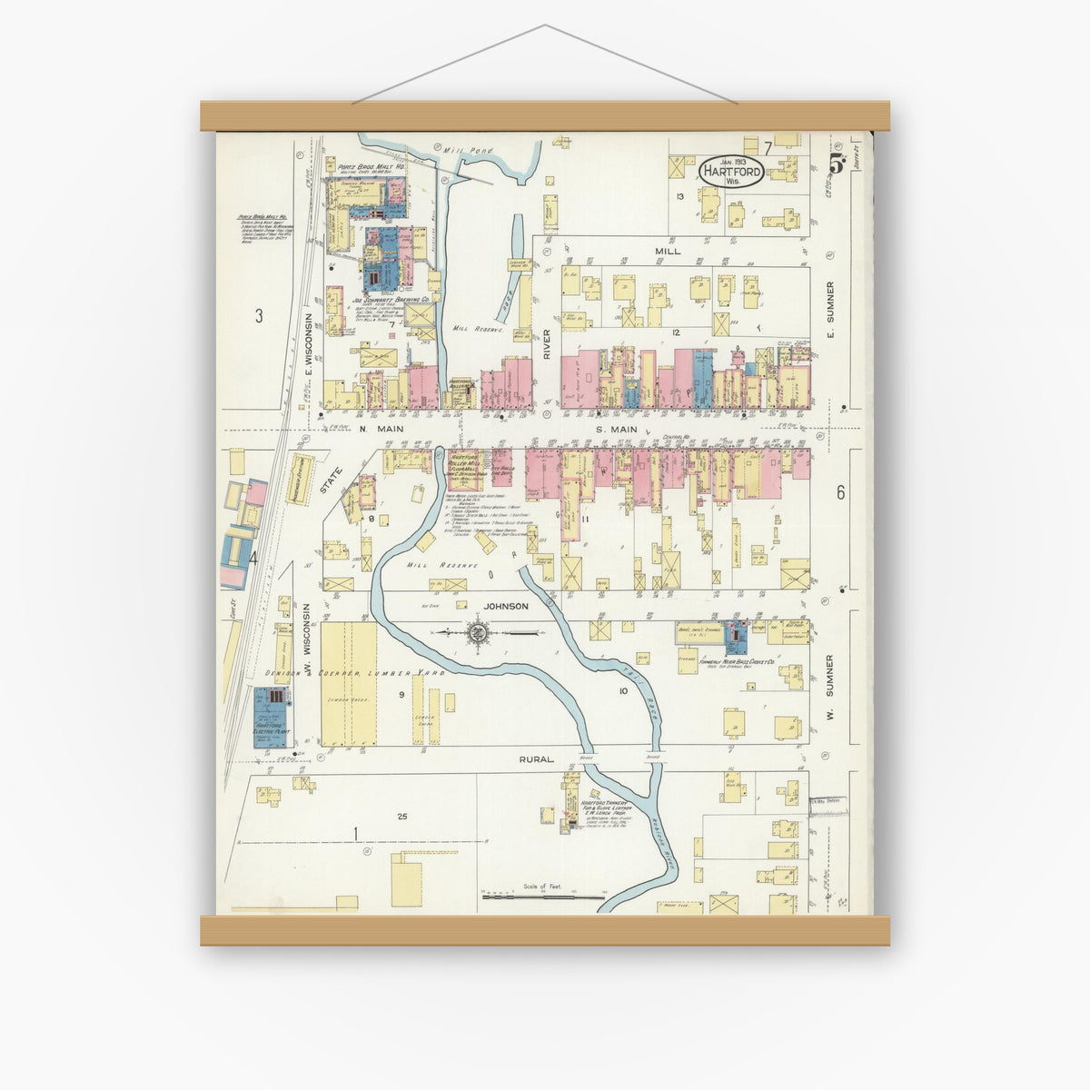 Old map wall art mockup — magnetic wood frame on white wall — Sanborn Fire Insurance Map from Hartford, Washington County, Wisconsin (1913), Sheet #0005
