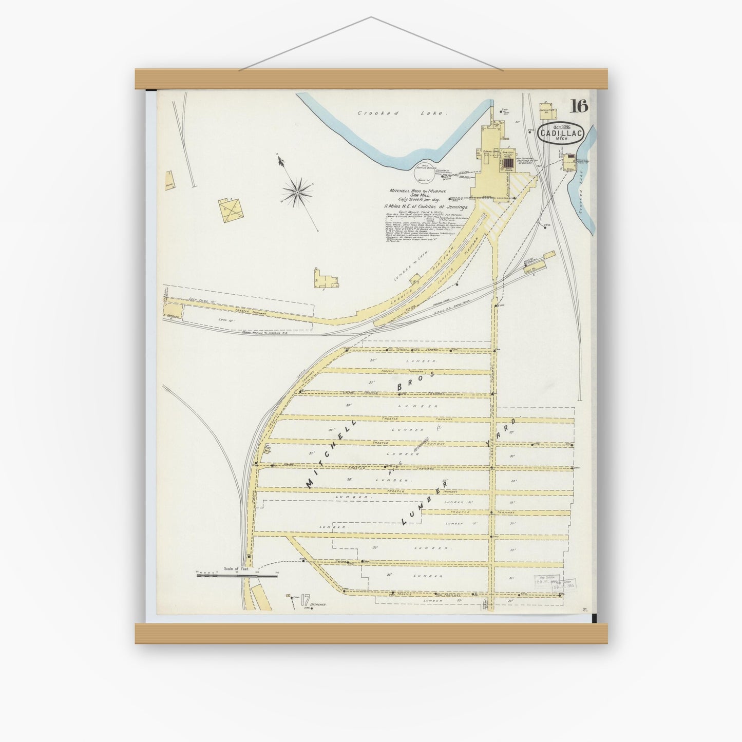 Old map wall art mockup — magnetic wood frame on white wall — Sanborn Fire Insurance Map from Cadillac, Wexford County, Michigan (1895), Sheet #0016