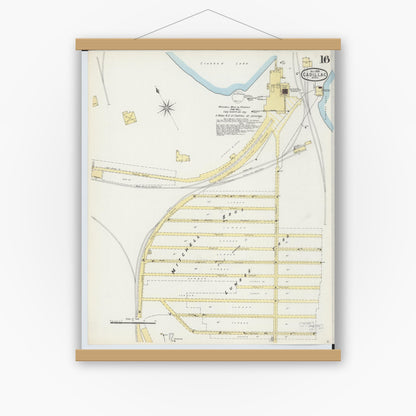 Old map wall art mockup — magnetic wood frame on white wall — Sanborn Fire Insurance Map from Cadillac, Wexford County, Michigan (1895), Sheet #0016