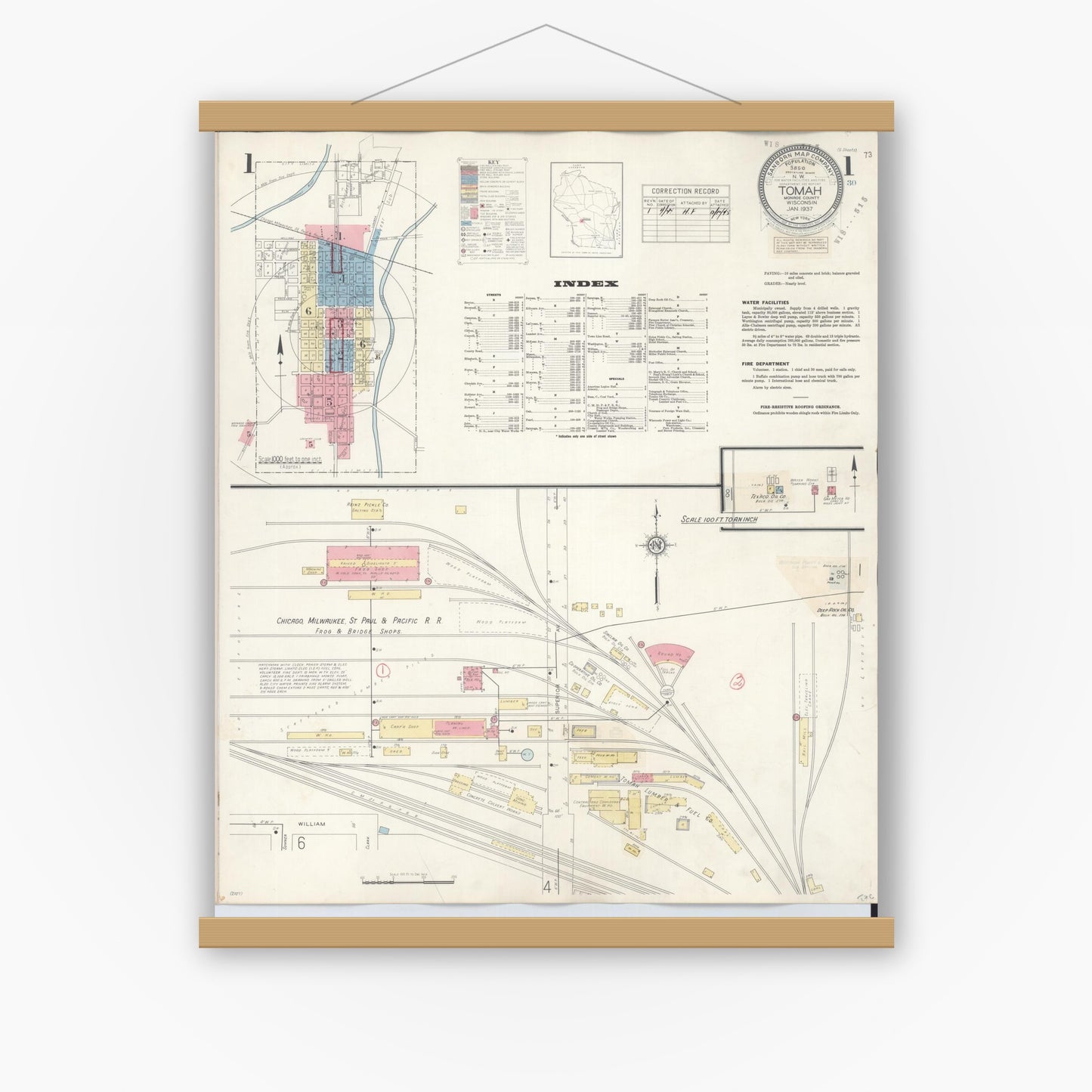 Old map wall art mockup — magnetic wood frame on white wall — Sanborn Fire Insurance Map from Tomah, Monroe County, Wisconsin (1944), Sheet #0001