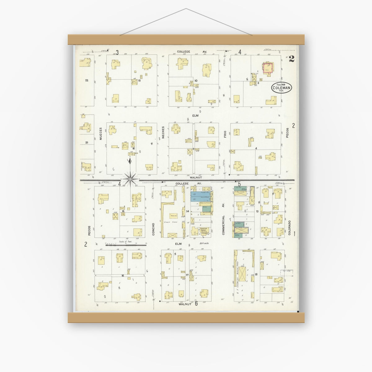 Old map wall art mockup — magnetic wood frame on white wall — Sanborn Fire Insurance Map from Coleman, Coleman County, Texas (1909), Sheet #0002