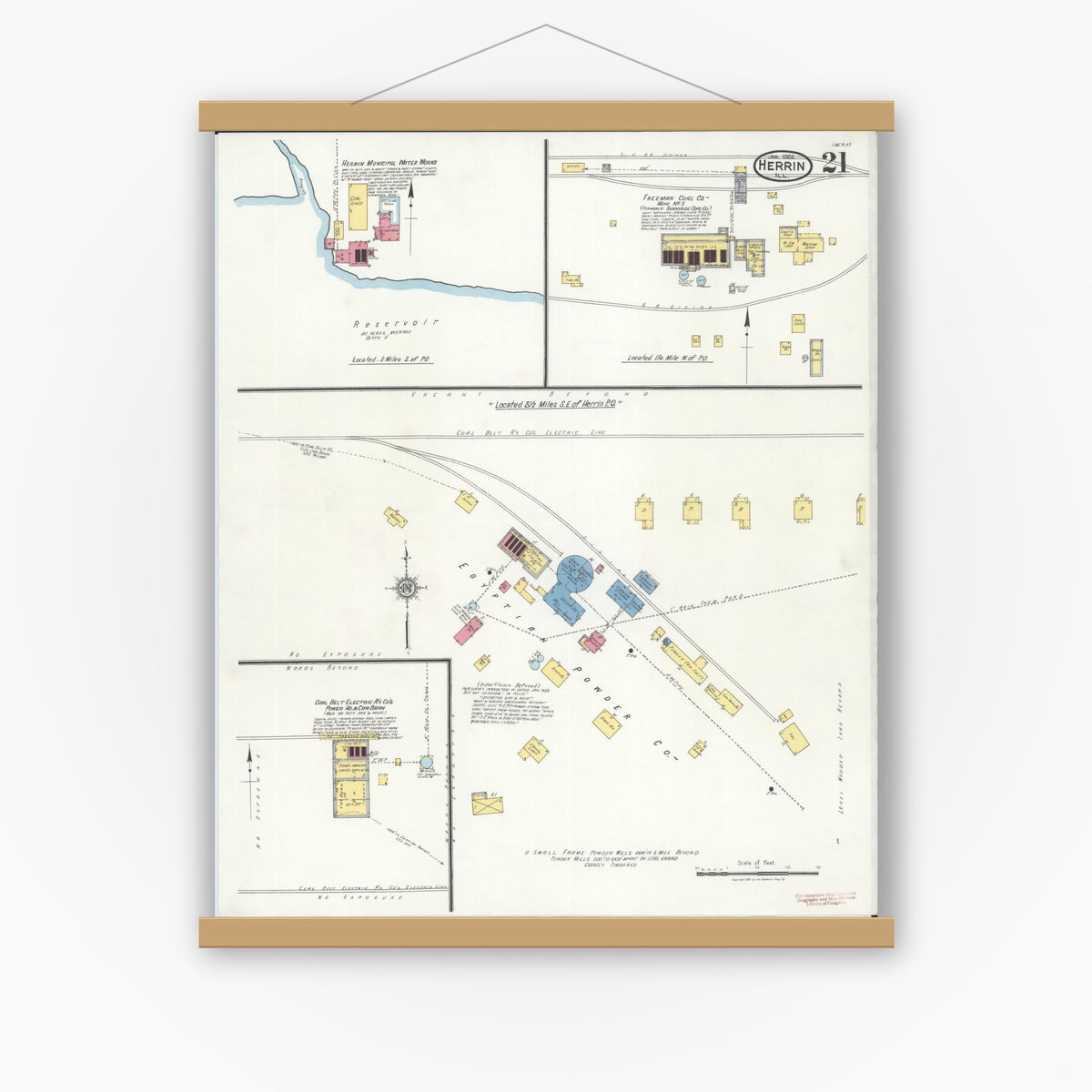 Old map wall art mockup — magnetic wood frame on white wall — Sanborn Fire Insurance Map from Herrin, Williamson County, Illinois (1922), Sheet #0021