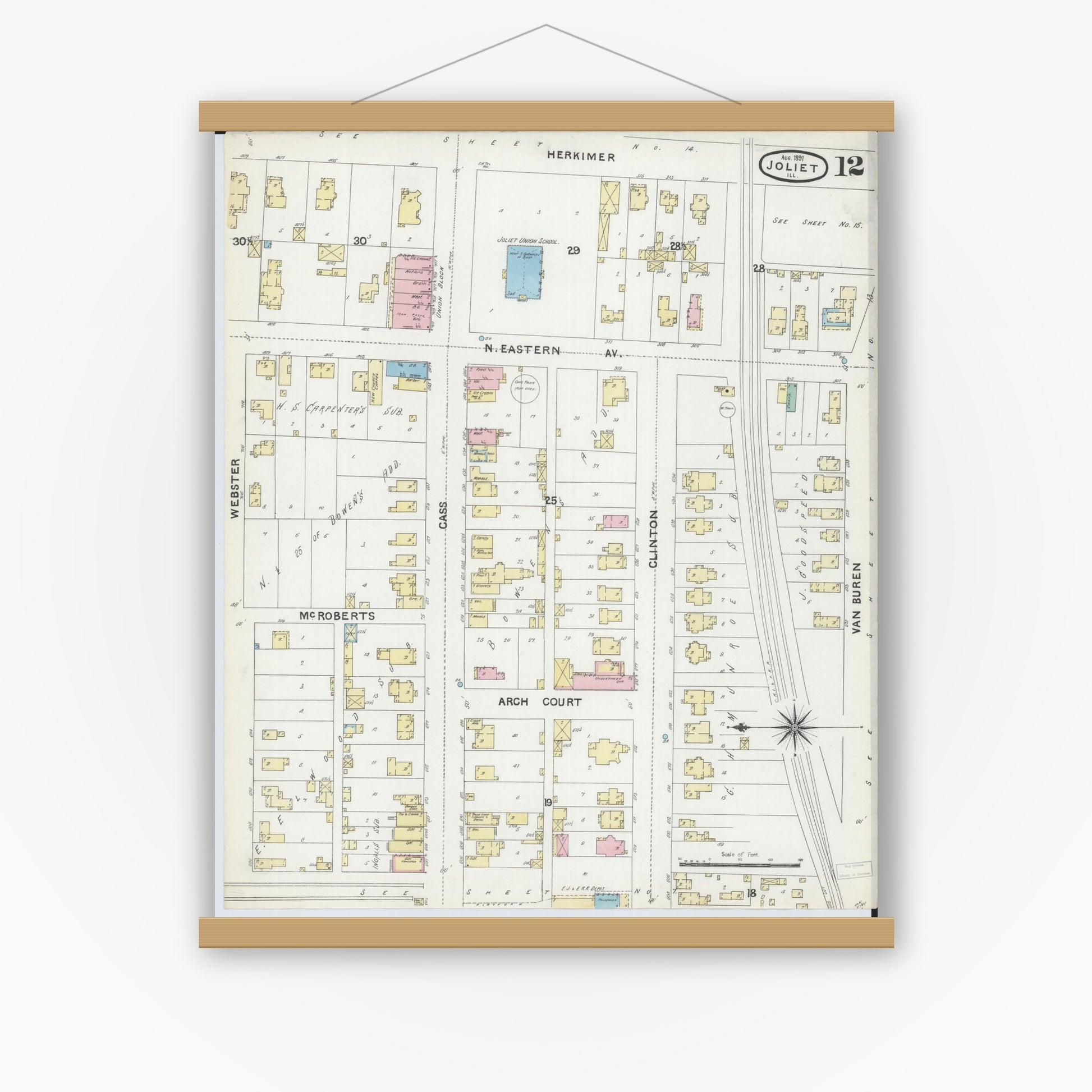 Old map wall art mockup — magnetic wood frame on white wall — Sanborn Fire Insurance Map from Joliet, Will County, Illinois (1891), Sheet #0012
