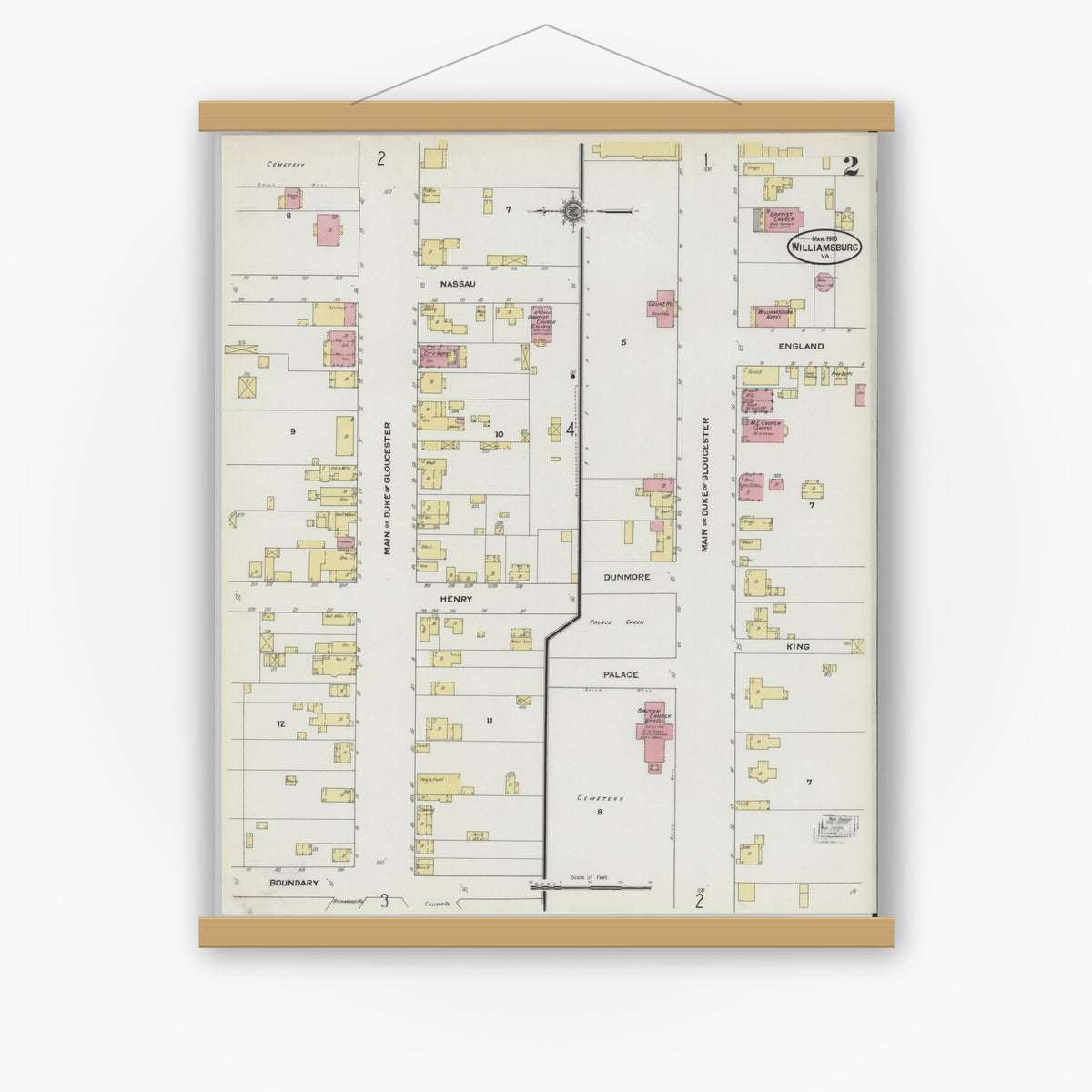 Old map wall art mockup — magnetic wood frame on white wall — Sanborn Fire Insurance Map from Williamsburg, Independent Cities, Virginia (1910), Sheet #0002