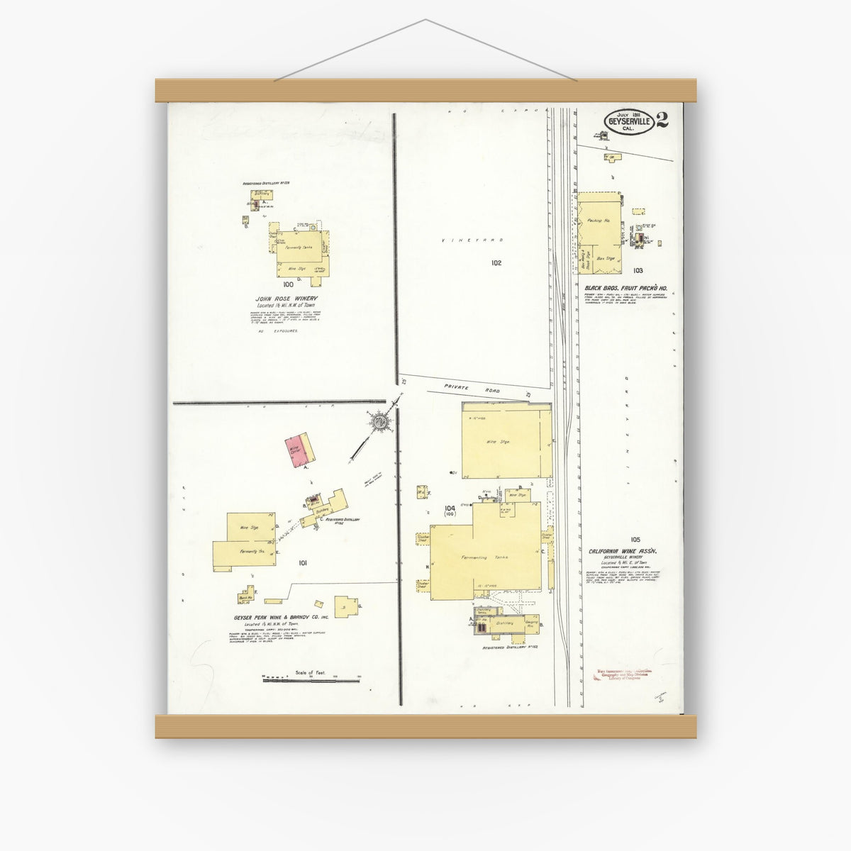 Old map wall art mockup — magnetic wood frame on white wall — Sanborn Fire Insurance Map from Geyserville, Sonoma County, California (1911), Sheet #0002
