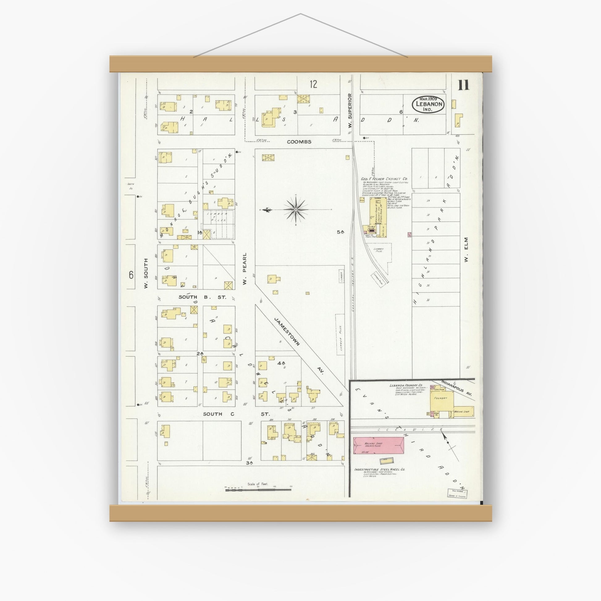 Old map wall art mockup — magnetic wood frame on white wall — Sanborn Fire Insurance Map from Lebanon, Boone County, Indiana (1909), Sheet #0011