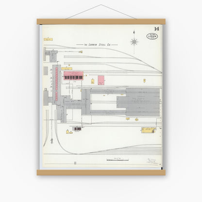 Old map wall art mockup — magnetic wood frame on white wall — Sanborn Fire Insurance Map from Lorain, Lorain County, Ohio (1900), Sheet #0014