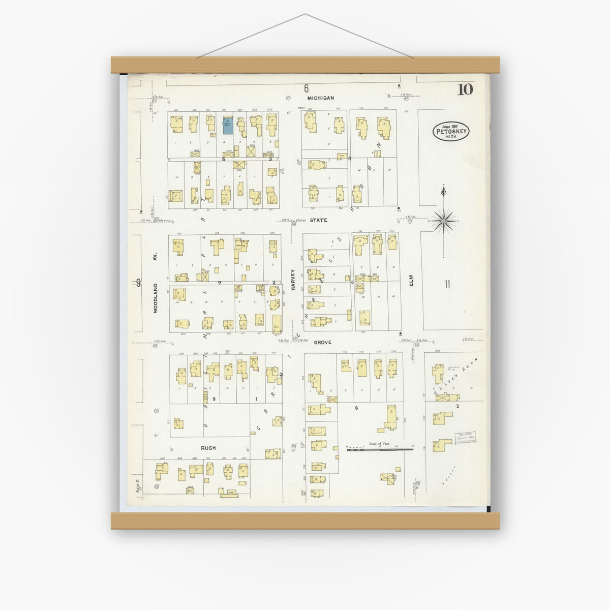 Old map wall art mockup — magnetic wood frame on white wall — Sanborn Fire Insurance Map from Petoskey, Emmet County, Michigan (1907), Sheet #0010