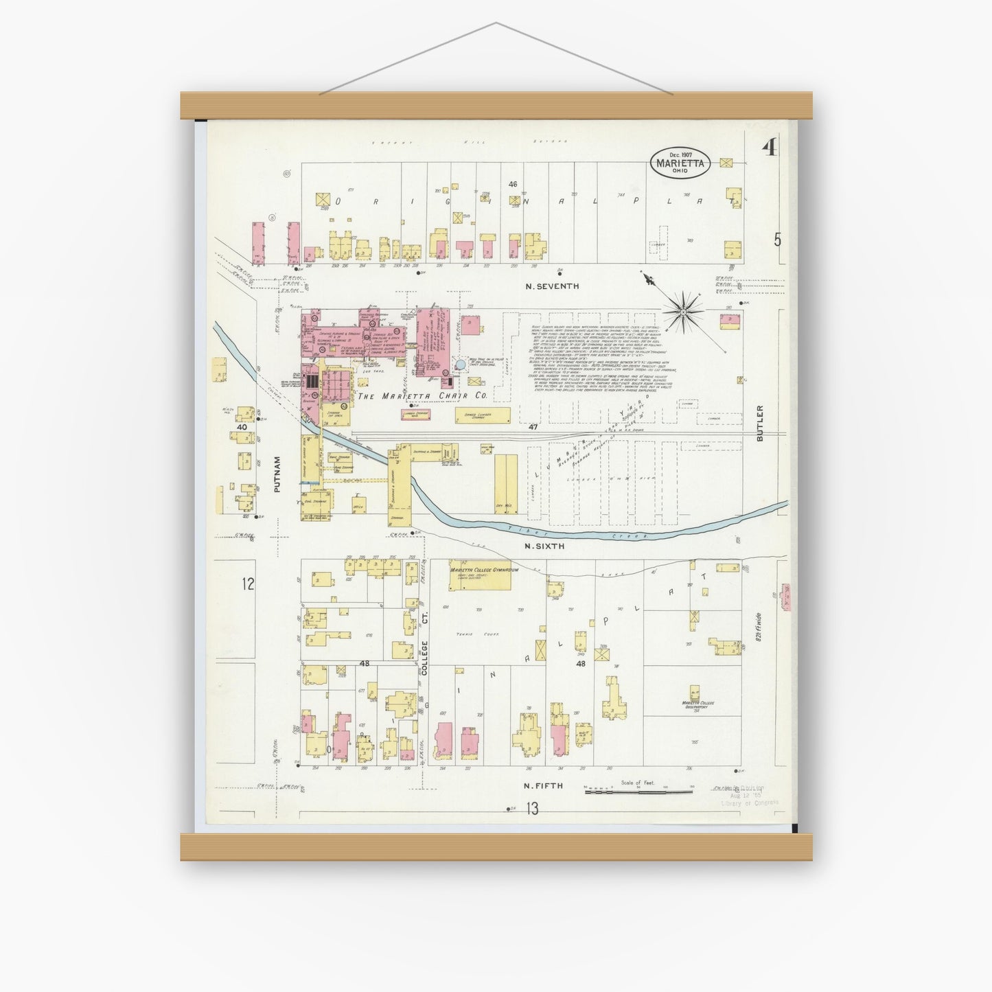 Old map wall art mockup — magnetic wood frame on white wall — Sanborn Fire Insurance Map from Marietta, Washington County, Ohio (1907), Sheet #0004