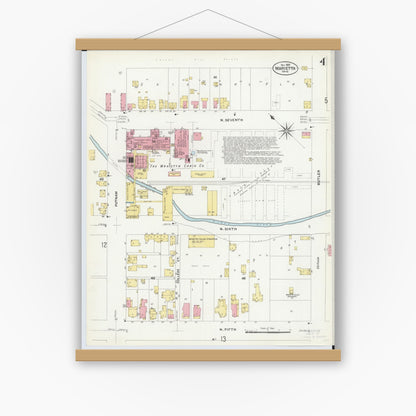 Old map wall art mockup — magnetic wood frame on white wall — Sanborn Fire Insurance Map from Marietta, Washington County, Ohio (1907), Sheet #0004