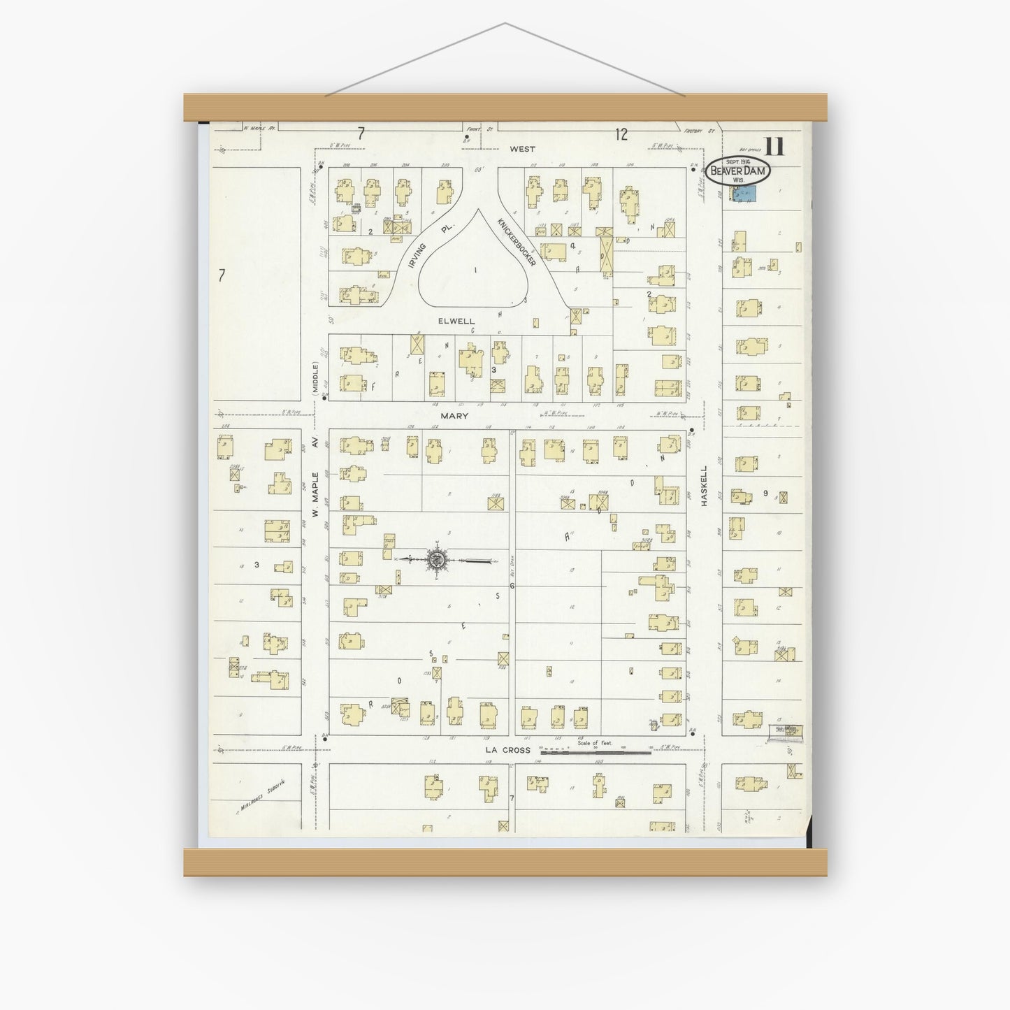Old map wall art mockup — magnetic wood frame on white wall — Sanborn Fire Insurance Map from Beaver Dam, Dodge County, Wisconsin (1914), Sheet #0011