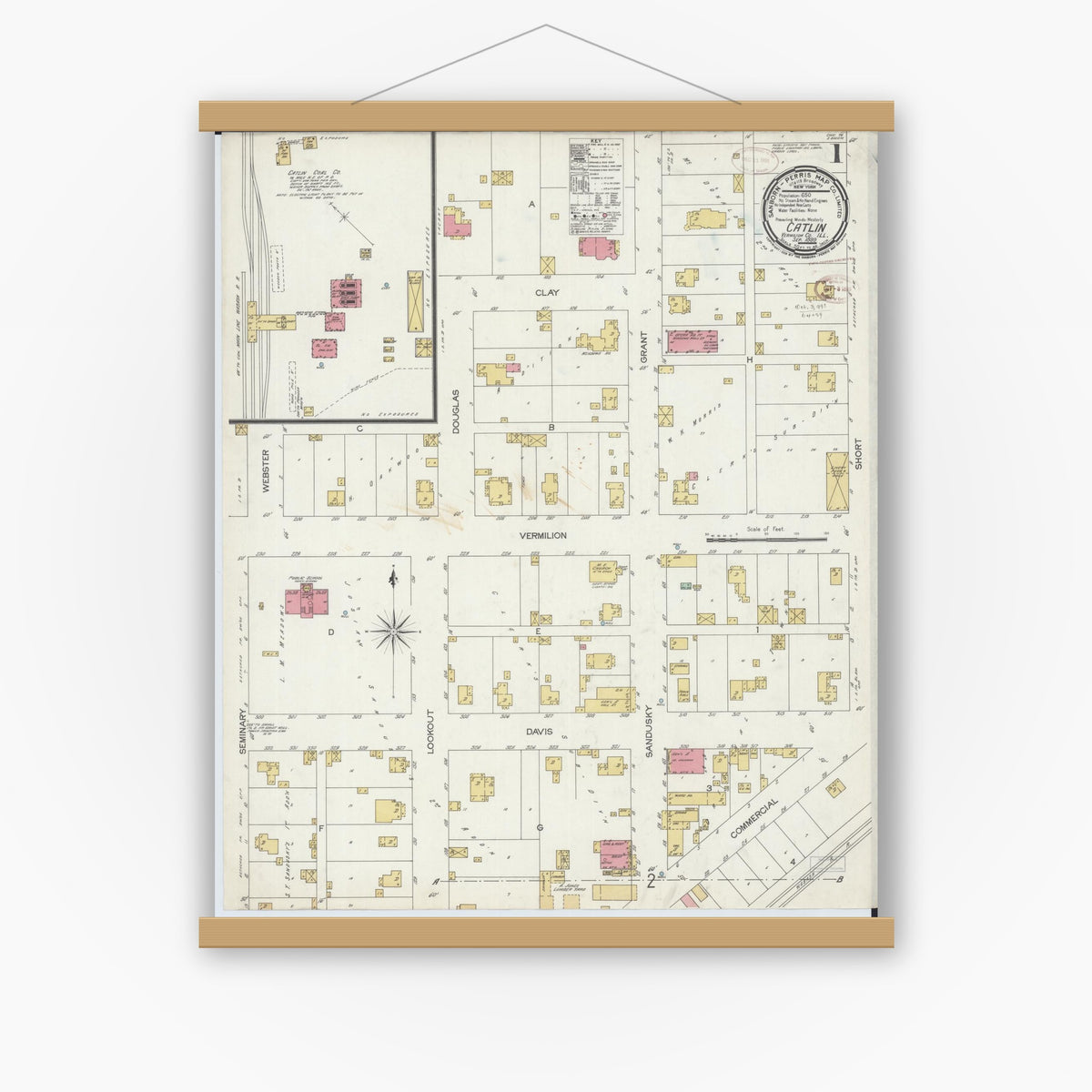 Old map wall art mockup — magnetic wood frame on white wall — Sanborn Fire Insurance Map from Catlin, Vermilion County, Illinois (1899) - Complete Map Set