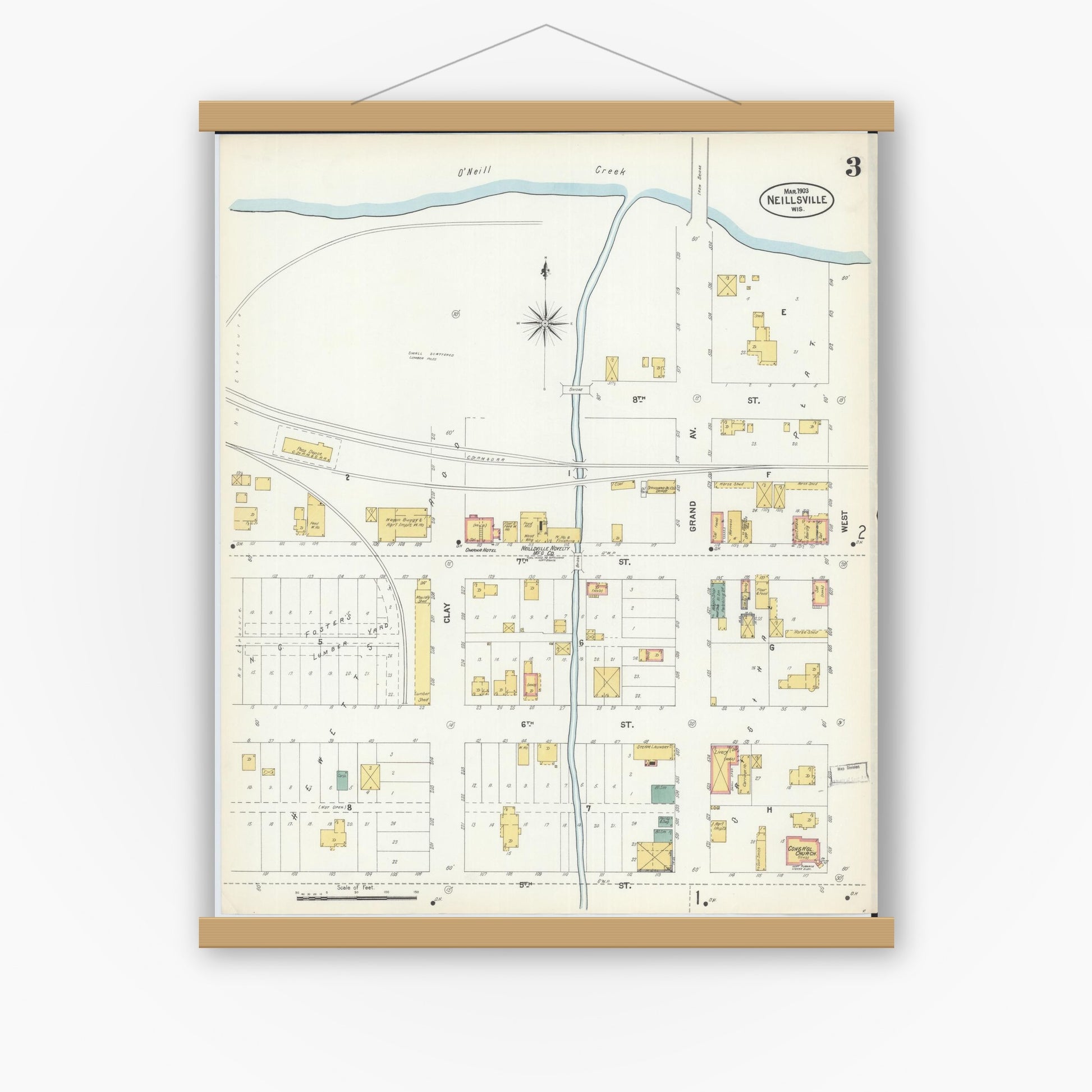 Old map wall art mockup — magnetic wood frame on white wall — Sanborn Fire Insurance Map from Neillsville, Clark County, Wisconsin (1903), Sheet #0003