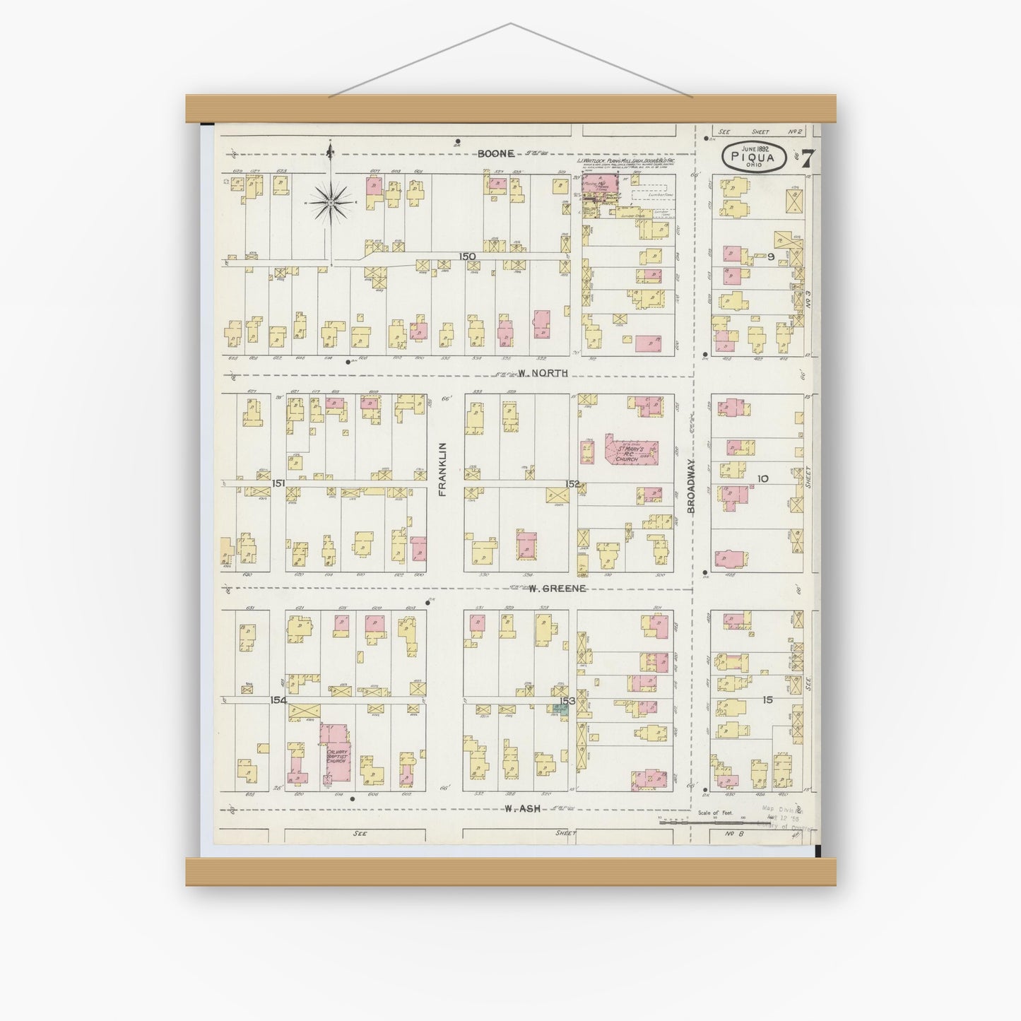 Old map wall art mockup — magnetic wood frame on white wall — Sanborn Fire Insurance Map from Piqua, Miami County, Ohio (1892), Sheet #0007