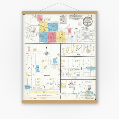 Old map wall art mockup — magnetic wood frame on white wall — Sanborn Fire Insurance Map from Anamosa, Jones County, Iowa (1905) â€” Complete Set
