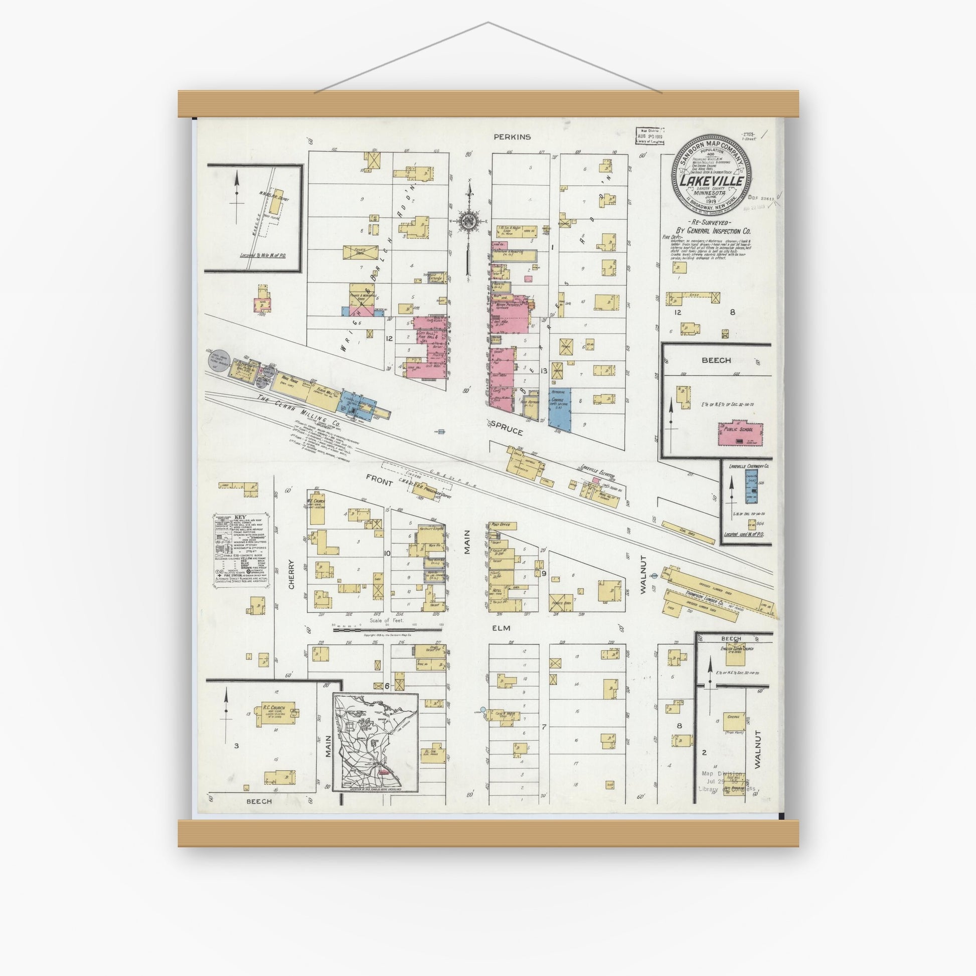 Old map wall art mockup — magnetic wood frame on white wall — Sanborn Fire Insurance Map from Lakeville, Dakota County, Minnesota (1919), Sheet #0001