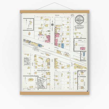 Old map wall art mockup — magnetic wood frame on white wall — Sanborn Fire Insurance Map from Lakeville, Dakota County, Minnesota (1919), Sheet #0001