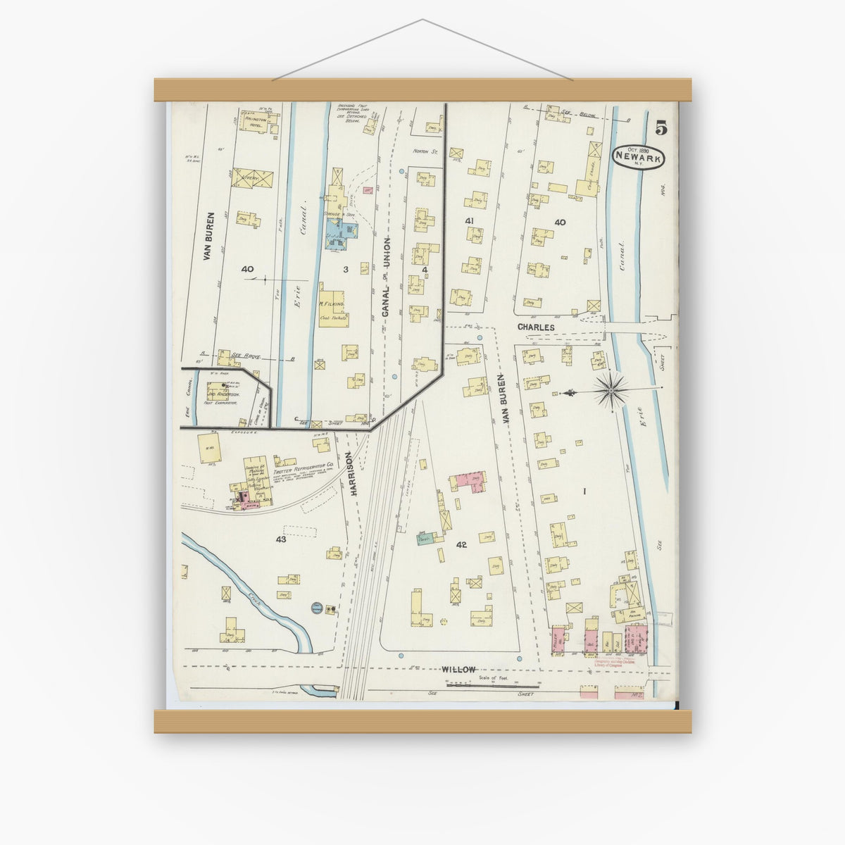 Old map wall art mockup — magnetic wood frame on white wall — Sanborn Fire Insurance Map from Newark, Wayne County, New York (1890), Sheet #0005