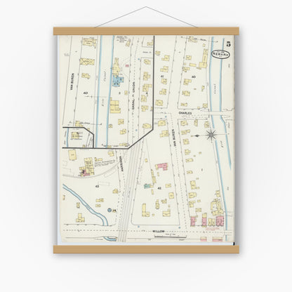 Old map wall art mockup — magnetic wood frame on white wall — Sanborn Fire Insurance Map from Newark, Wayne County, New York (1890), Sheet #0005