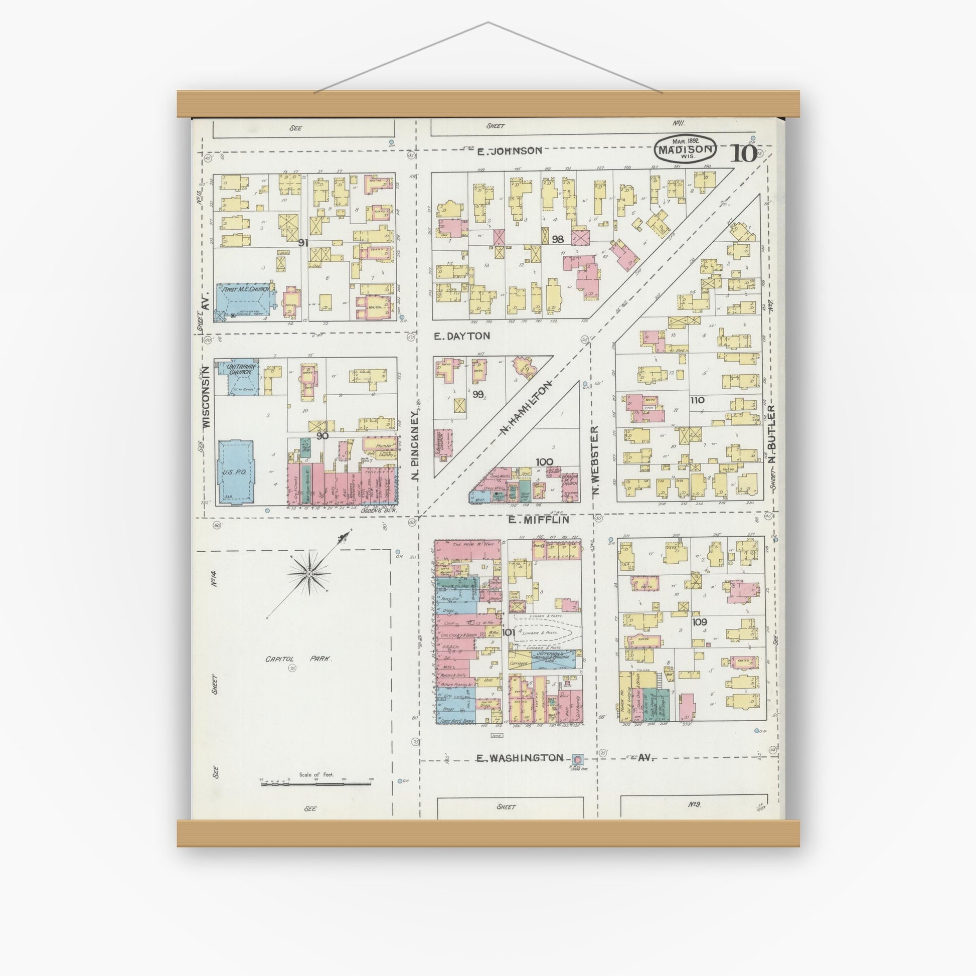 Old map wall art mockup — magnetic wood frame on white wall — Sanborn Fire Insurance Map from Madison, Dane County, Wisconsin (1892), Sheet #0010