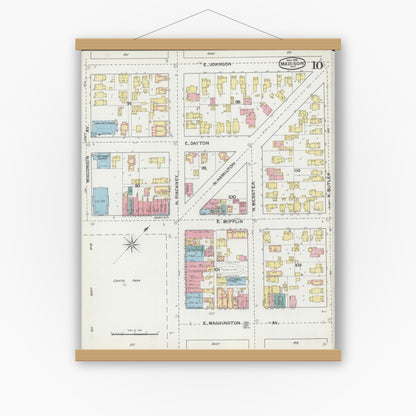 Old map wall art mockup — magnetic wood frame on white wall — Sanborn Fire Insurance Map from Madison, Dane County, Wisconsin (1892), Sheet #0010
